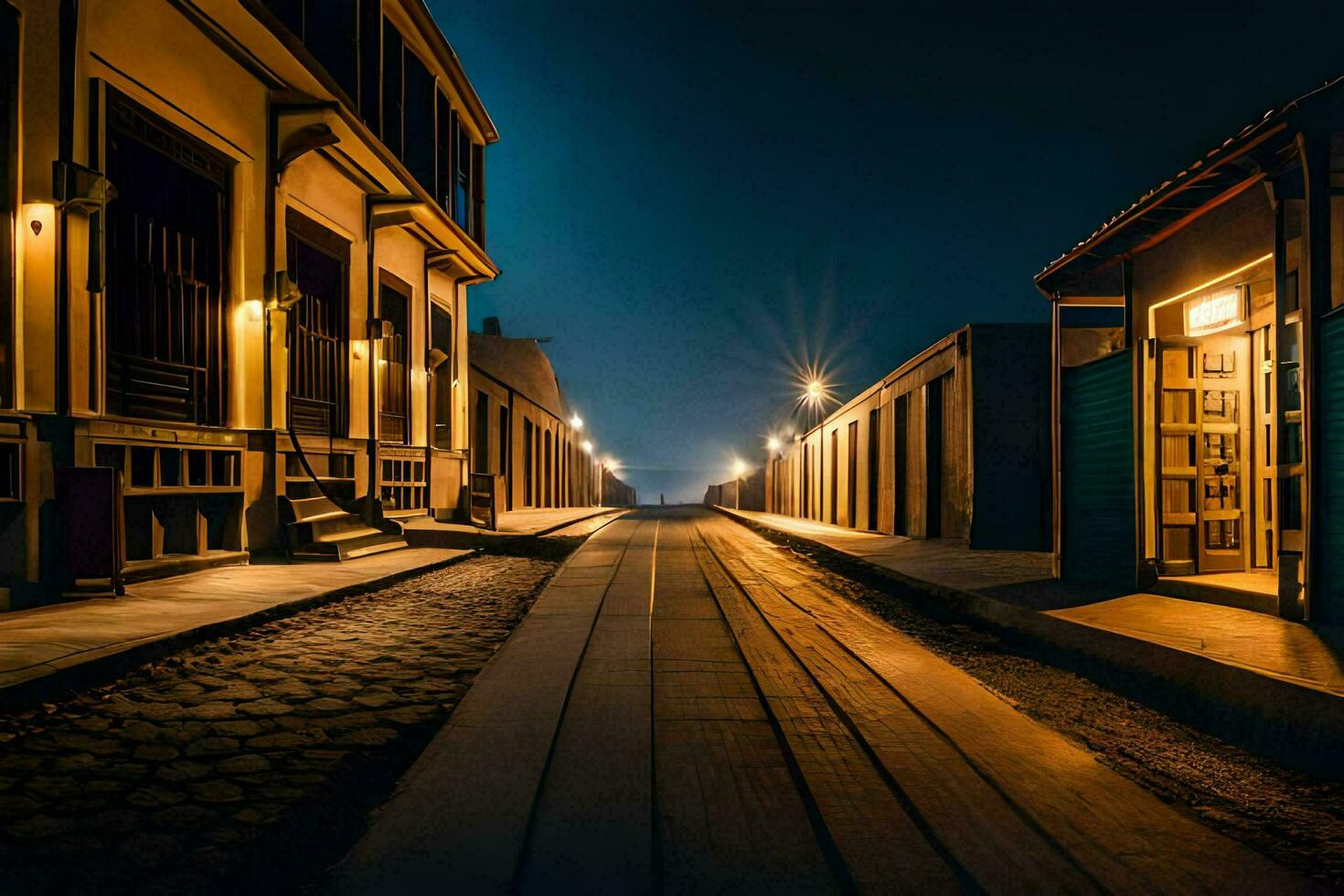 a long, empty street at night with a few buildings. AI-Generated photo