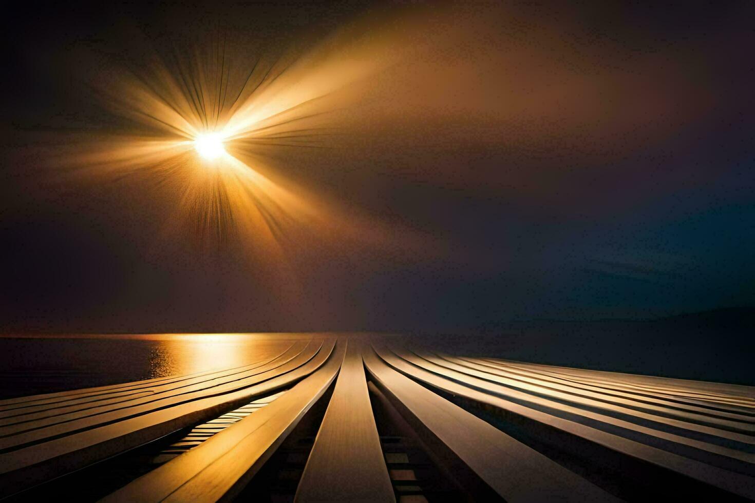 a long pier with a bright light shining over it. AI-Generated photo