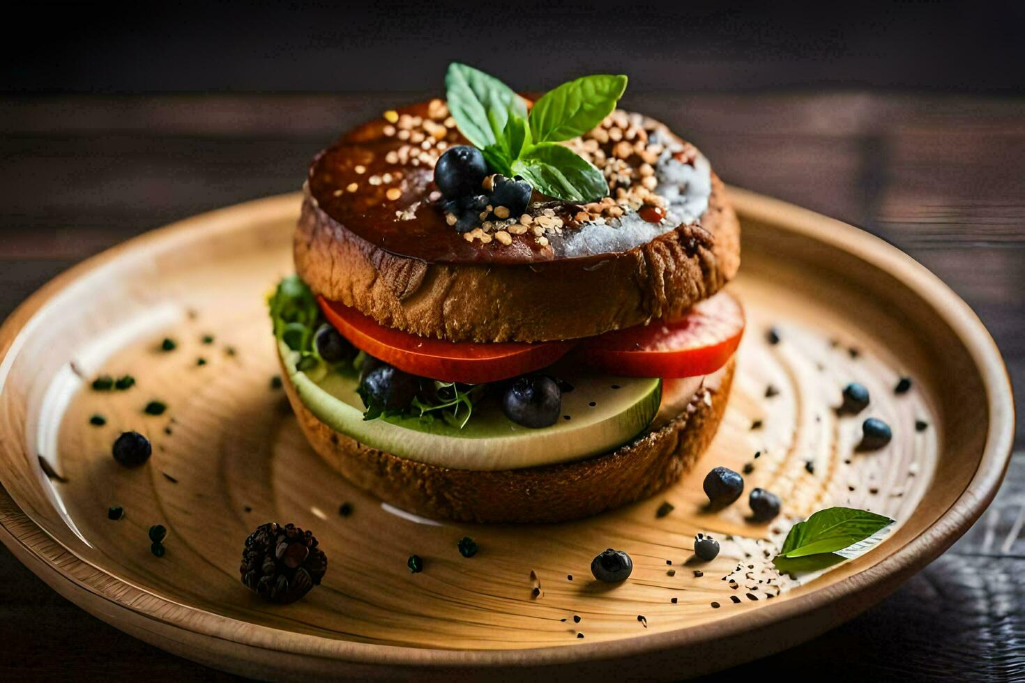 a hamburger with vegetables on a wooden plate. AI-Generated photo