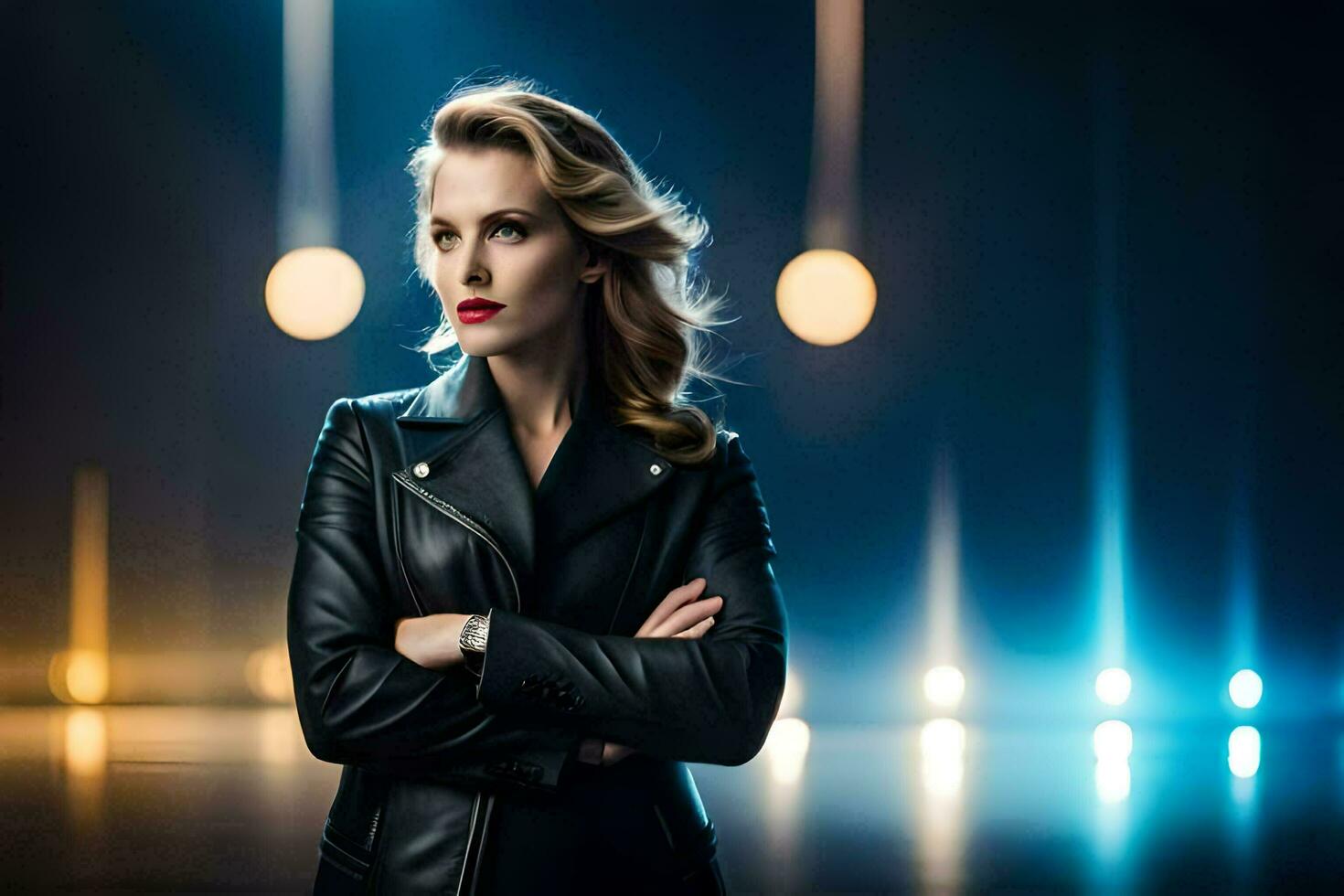 a woman in a black leather jacket standing in front of lights. AI-Generated photo