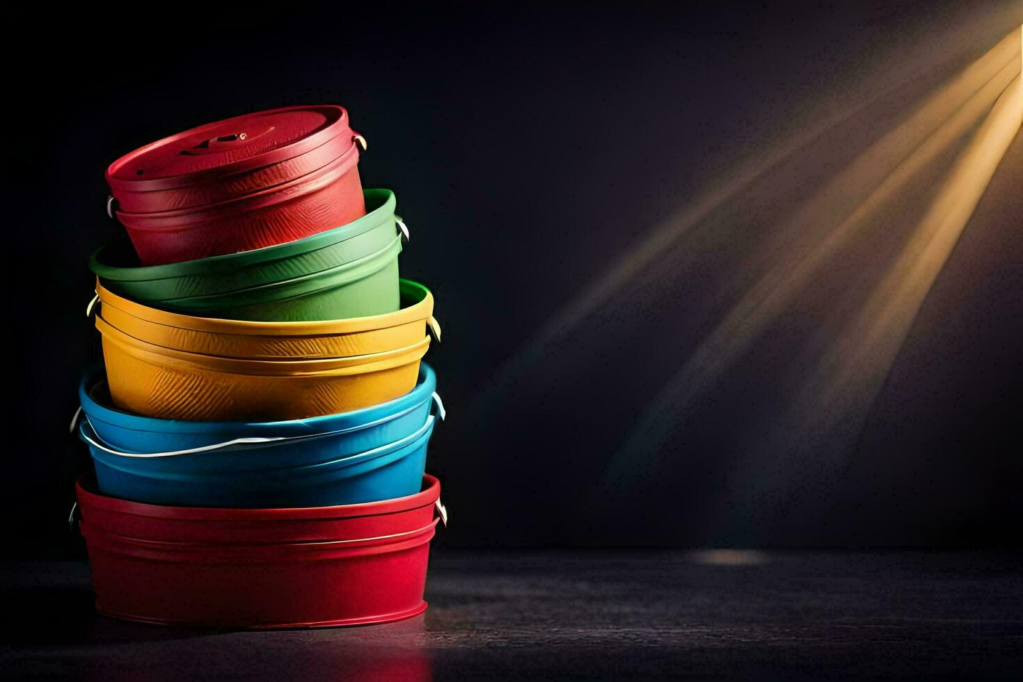 a stack of colorful buckets on a dark background. AI-Generated photo