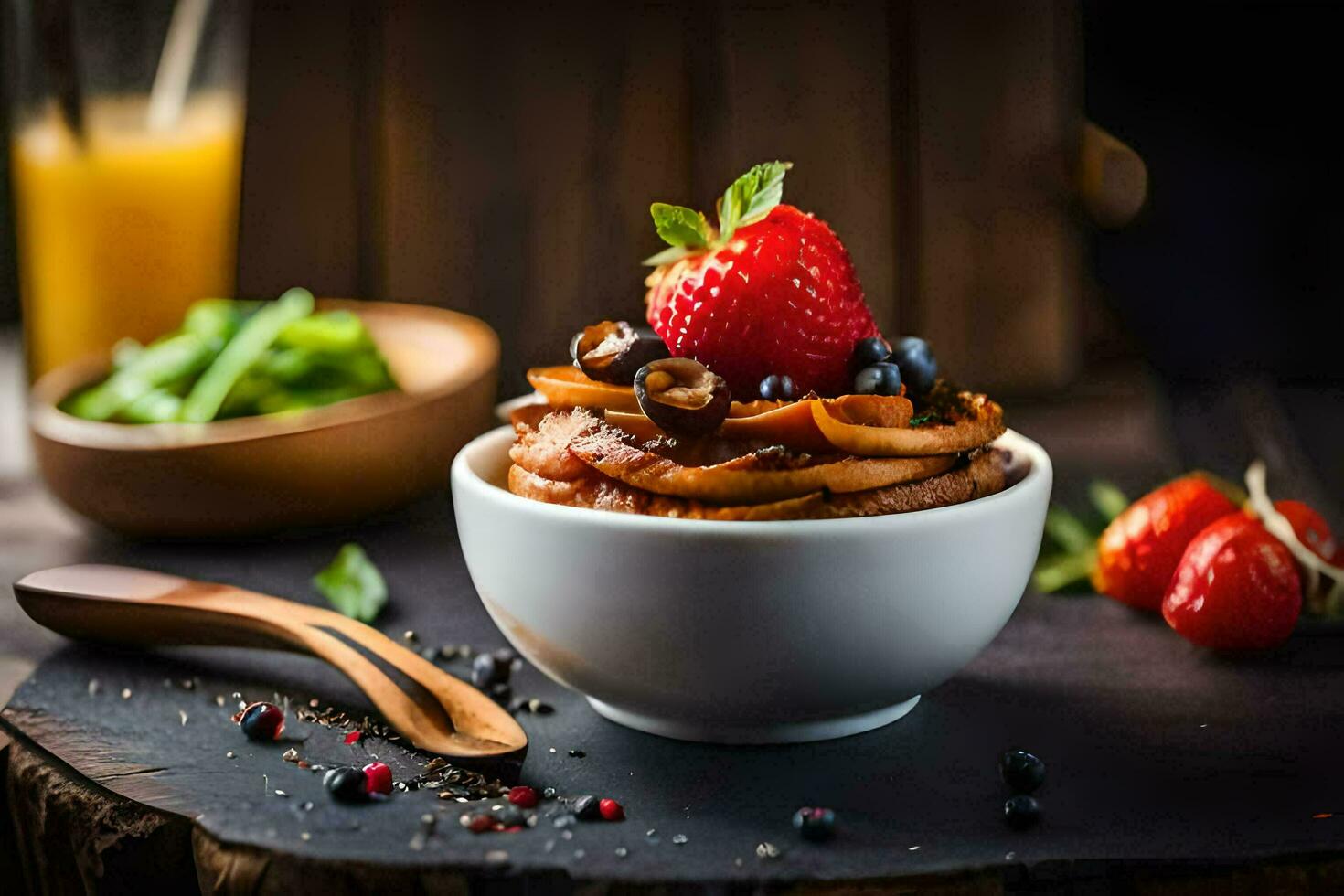 a bowl of pancakes with berries and strawberries. AI-Generated photo