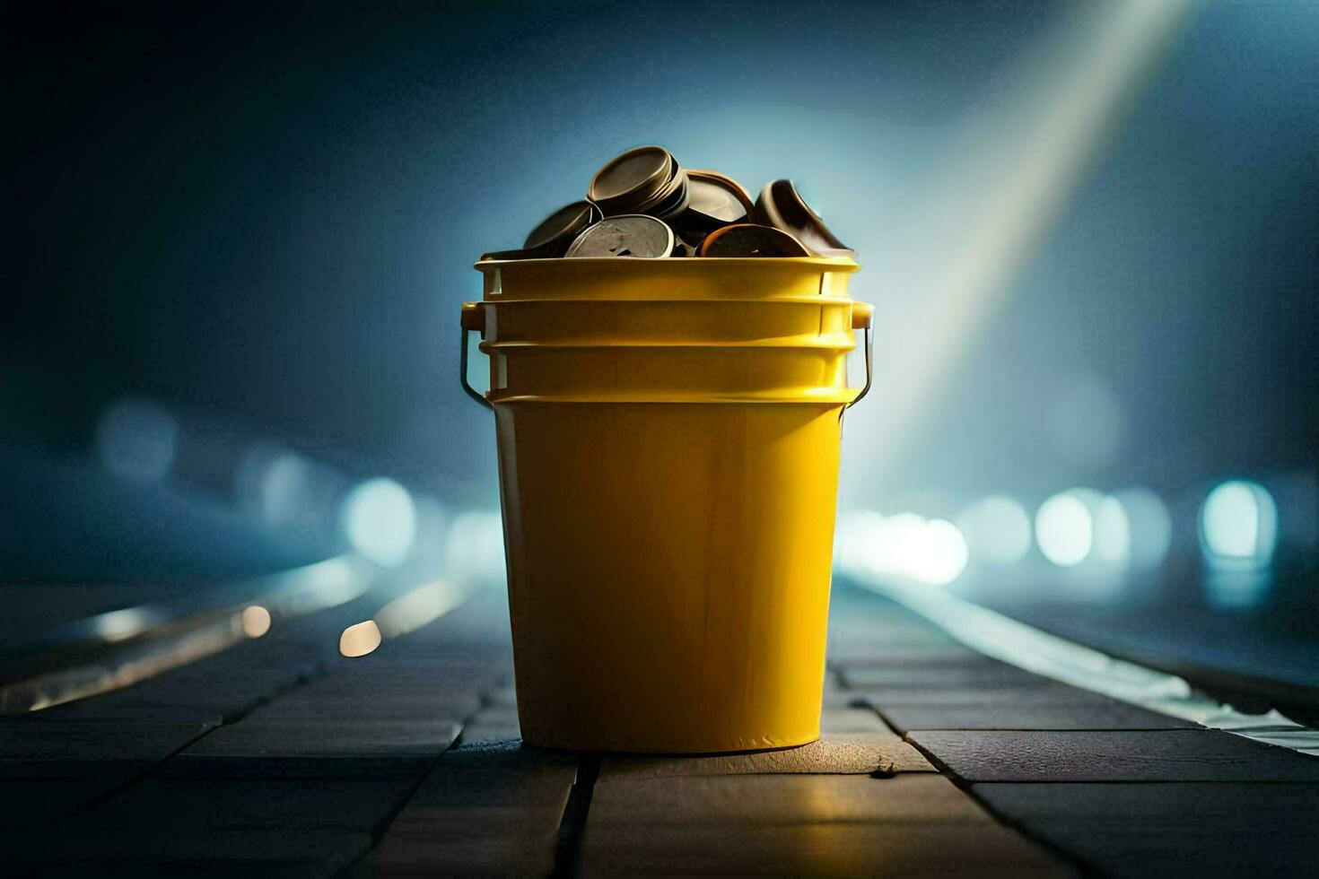 a yellow bucket filled with coins sitting on a wooden floor. AI-Generated photo