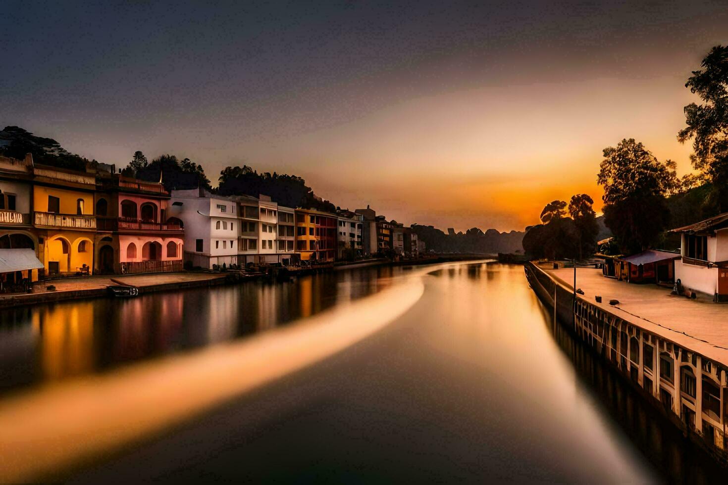 a river runs through a city at sunset. AI-Generated photo