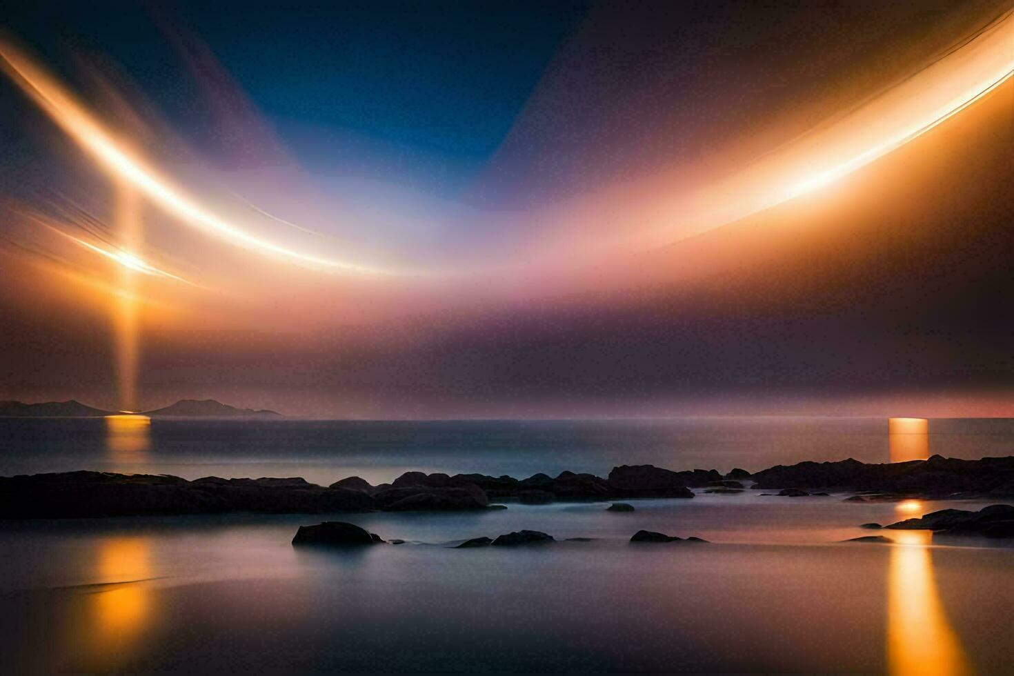 a long exposure photograph of a light beam over the ocean. AI-Generated photo