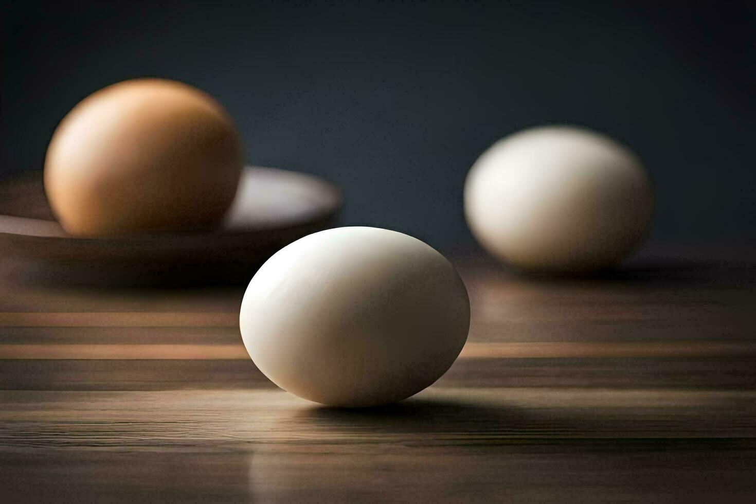 three eggs on a wooden table. AI-Generated photo