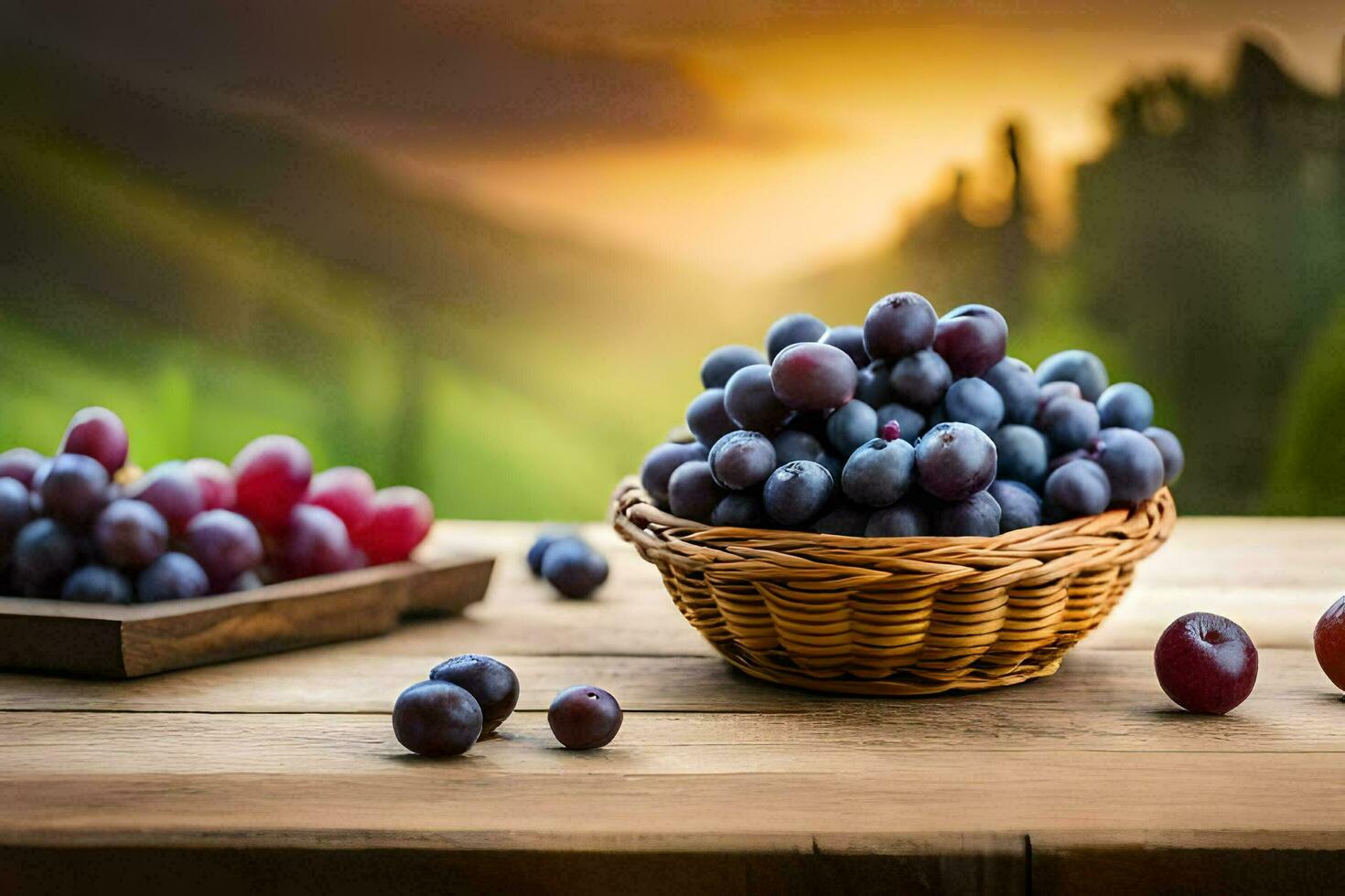 grapes in a basket on a wooden table. AI-Generated photo