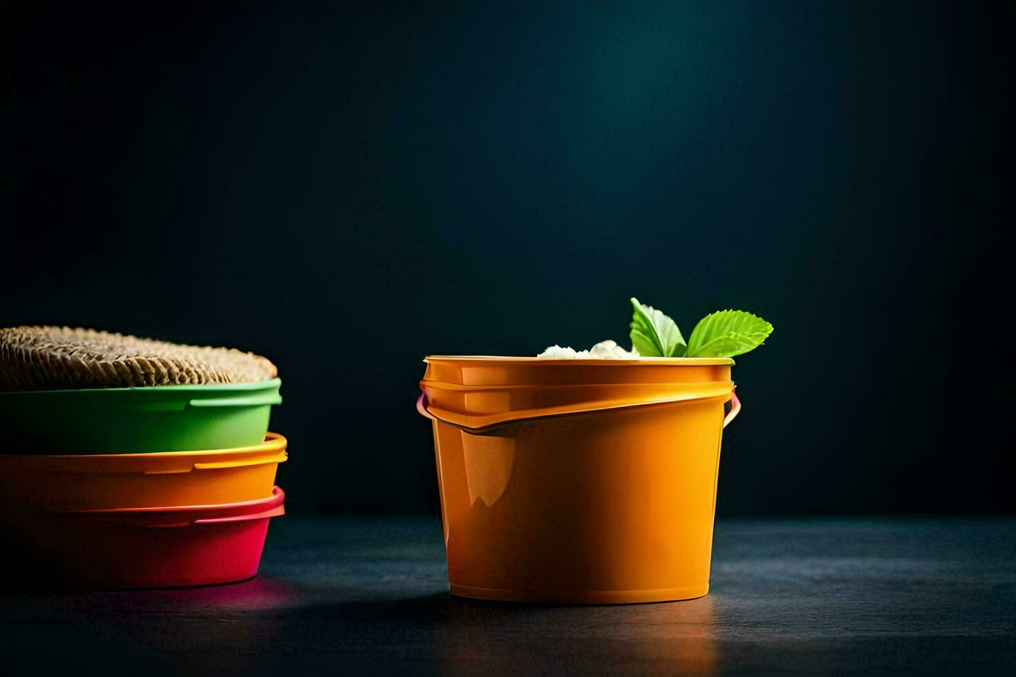 colorful plastic buckets with a leaf and a sponge. AI-Generated photo