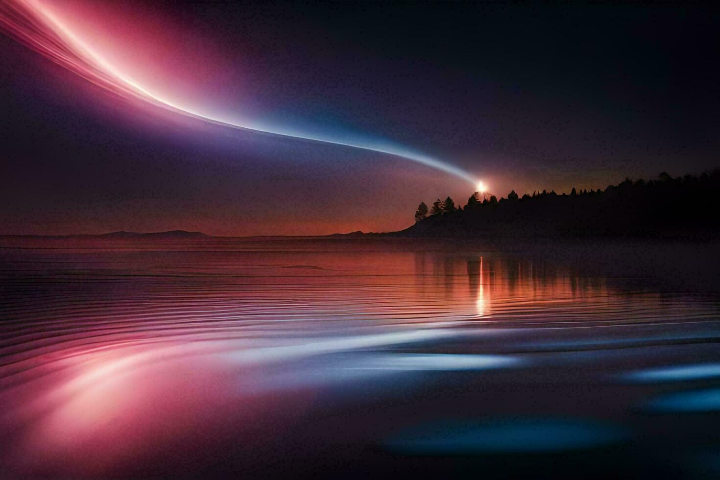 a colorful light is reflected in the water. AI-Generated photo