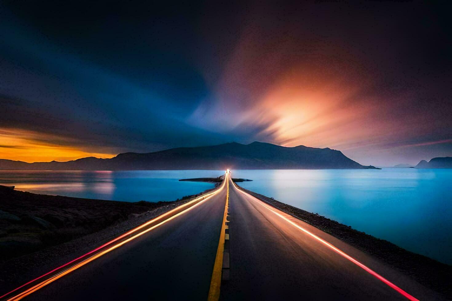 a long exposure photograph of a road with light trails. AI-Generated photo