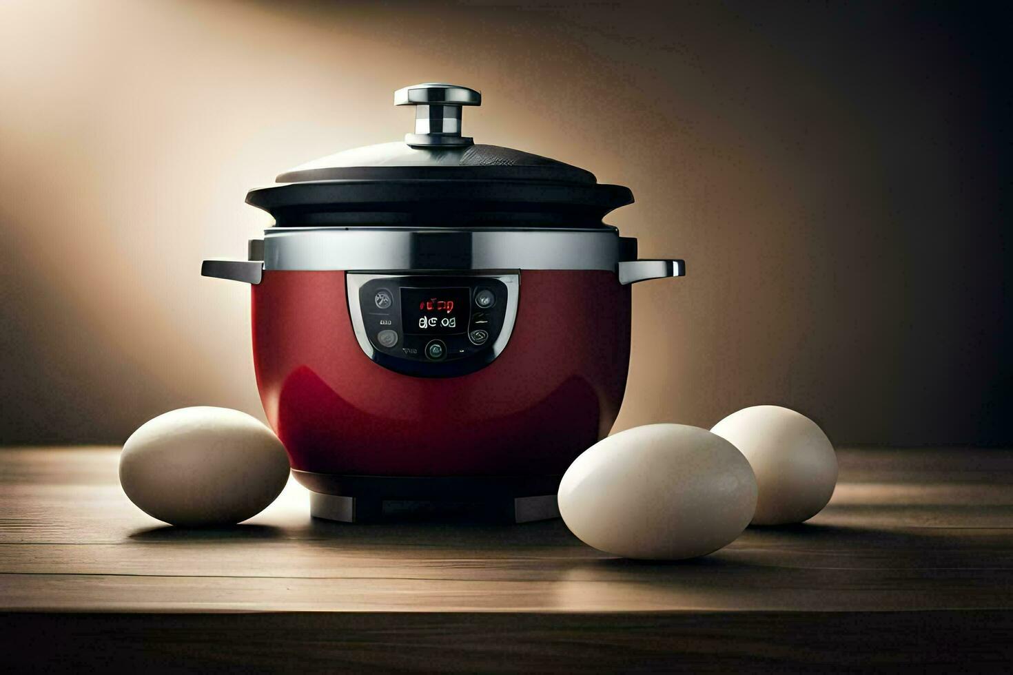 an electric pressure cooker with eggs on a wooden table. AI-Generated photo