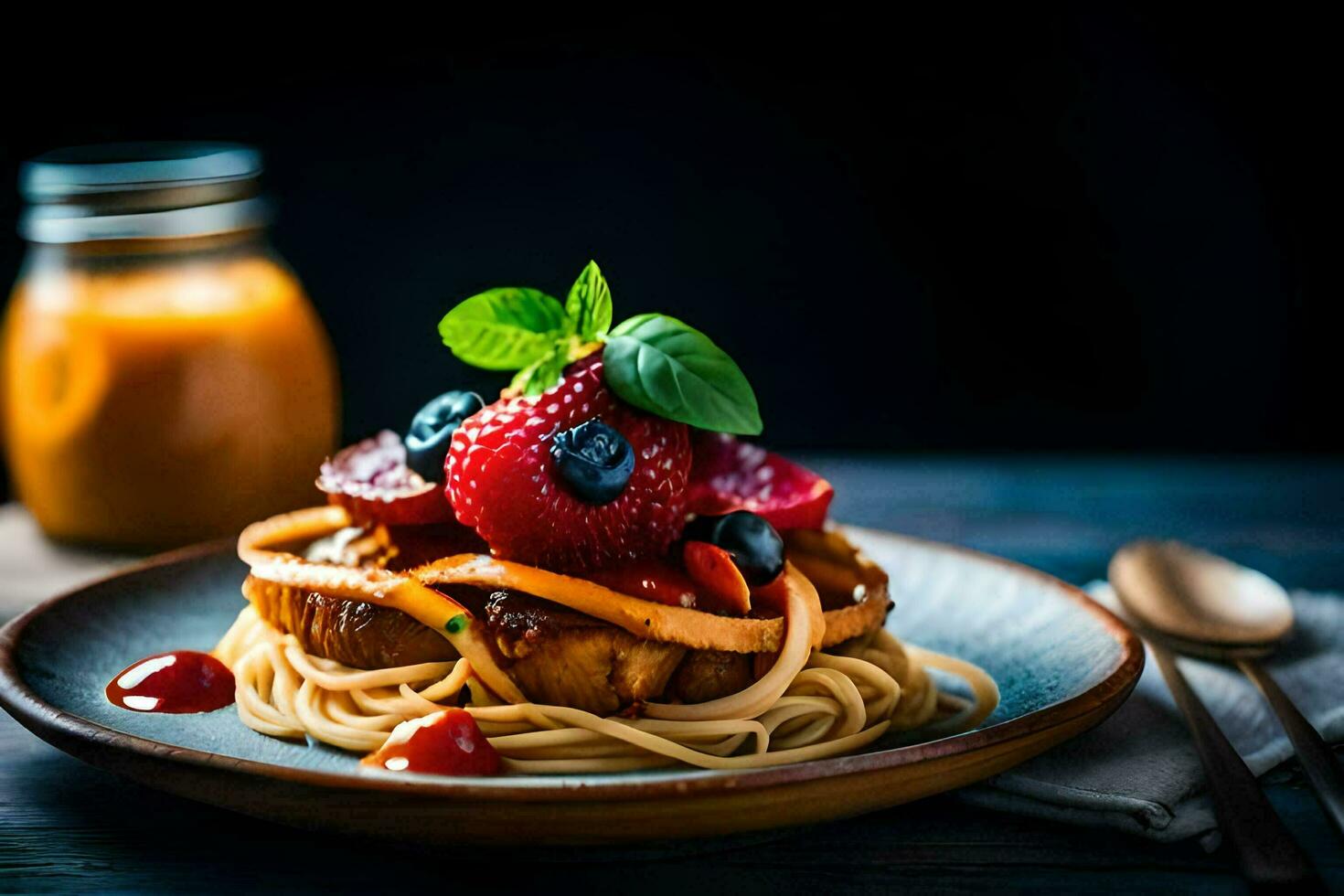 the food is served on a plate with a fork and spoon. AI-Generated photo