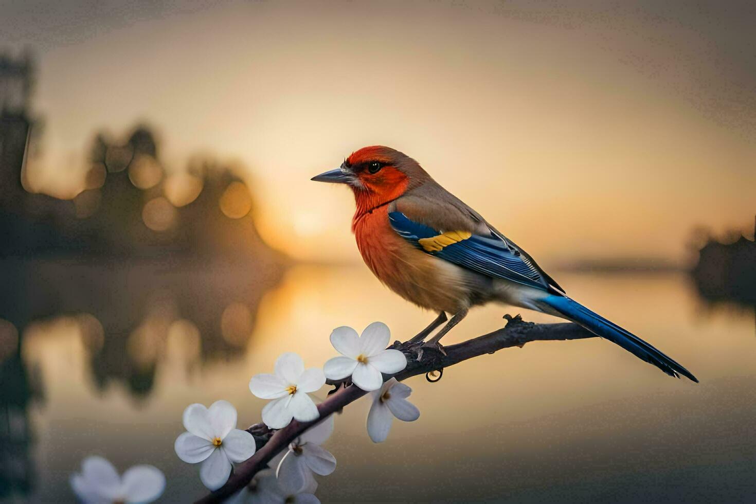 a colorful bird sits on a branch near a lake. AI-Generated photo