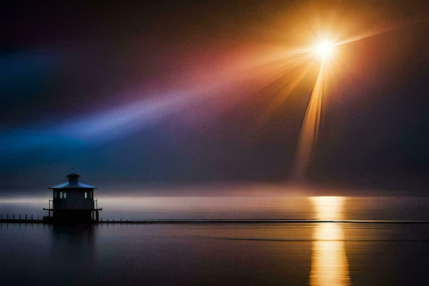 a lighthouse stands on the shore of a lake at night. AI-Generated photo