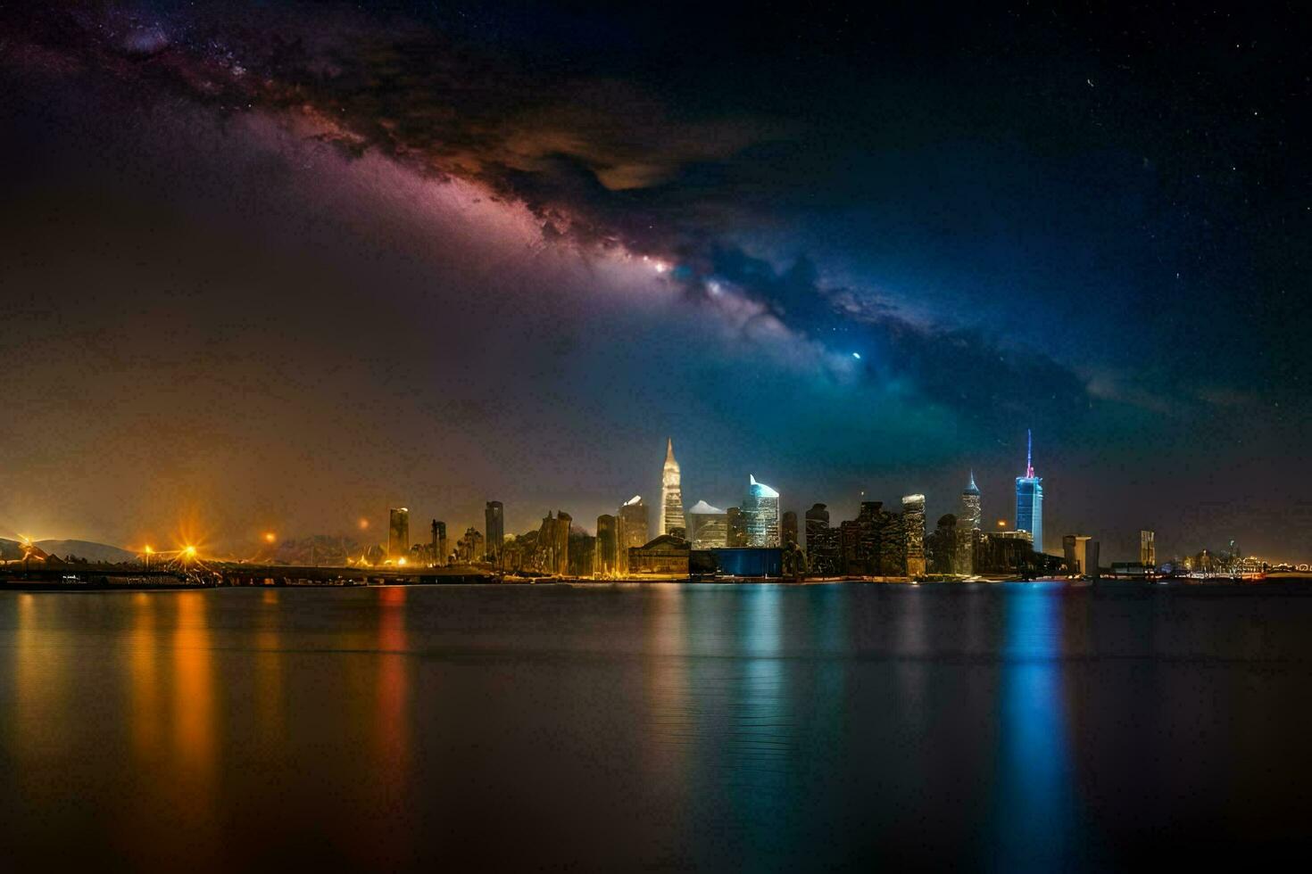 el lechoso camino terminado el ciudad horizonte a noche. generado por ai foto