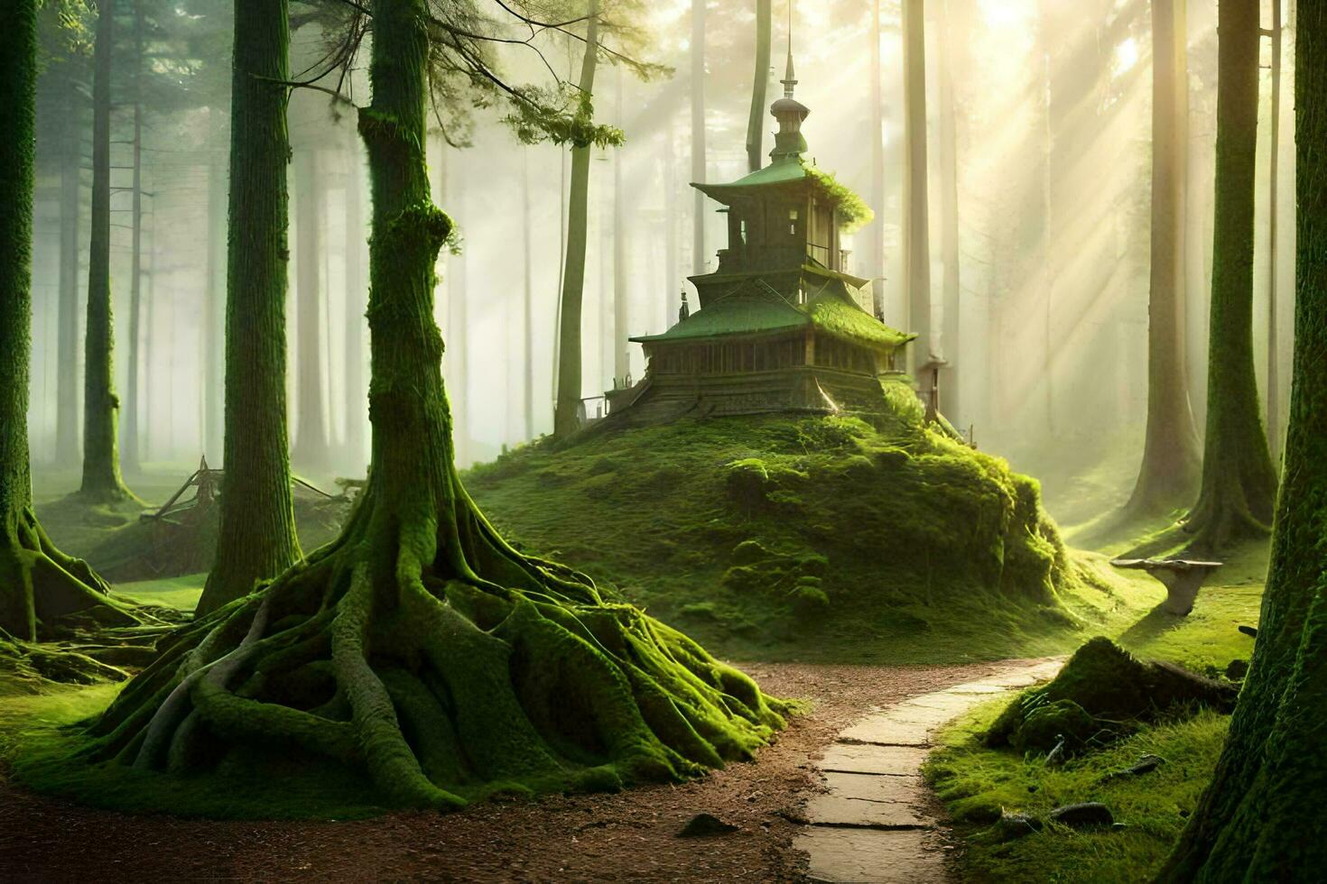 a pagoda in the middle of a forest with trees and moss. AI-Generated photo