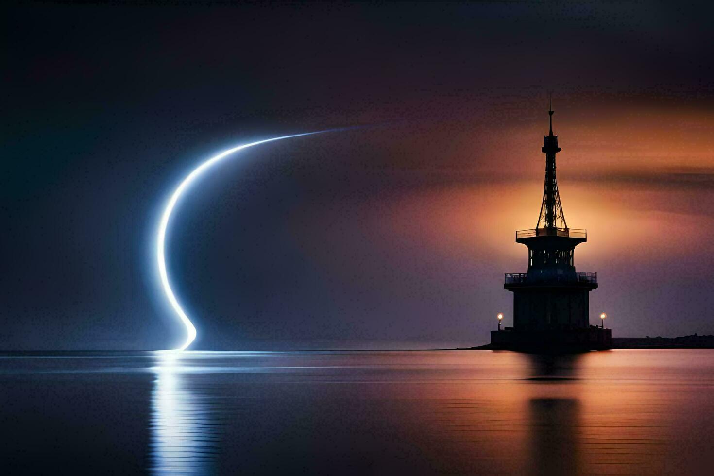 a lighthouse in the middle of the ocean at night. AI-Generated photo