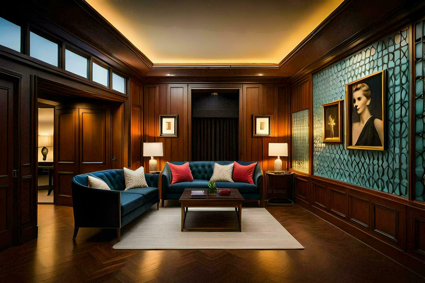 el vivo habitación tiene un azul sofá y un café mesa. generado por ai foto