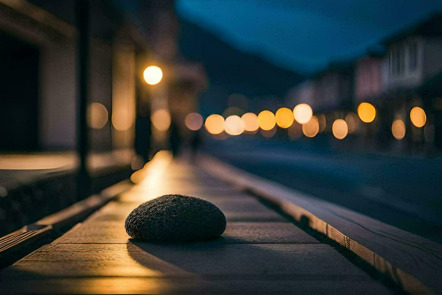a stone sits on a wooden walkway at night. AI-Generated photo