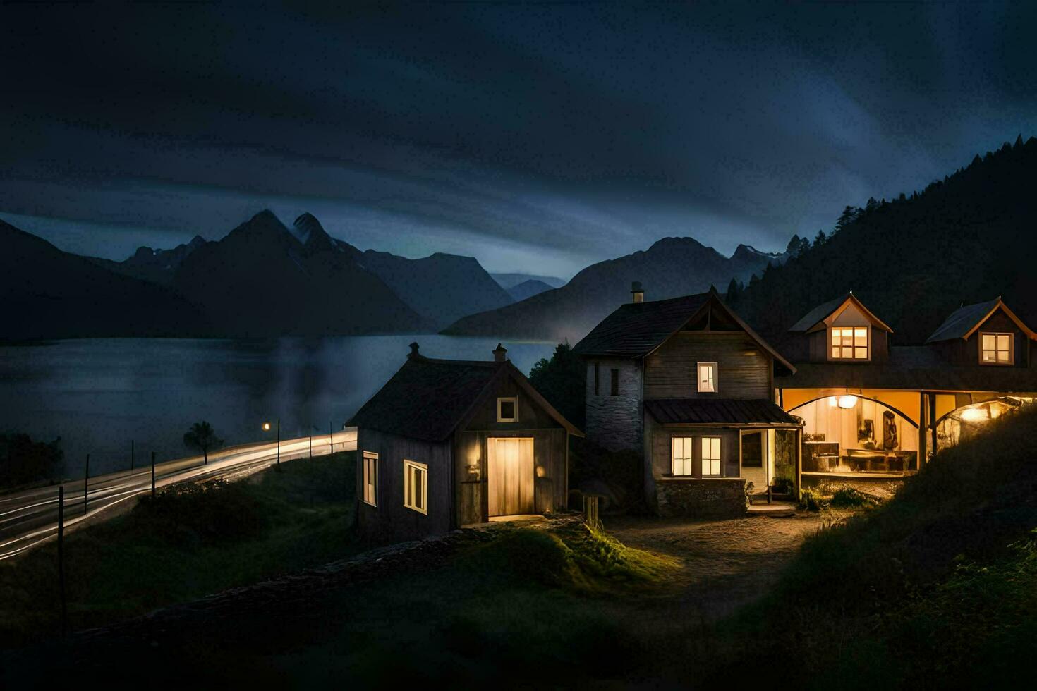 a house in the mountains at night. AI-Generated photo