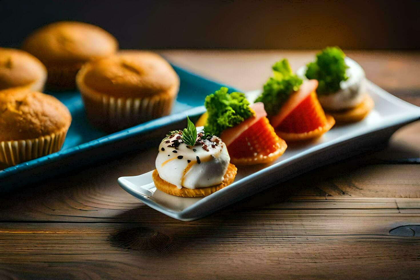 a plate with muffins and fruit on it. AI-Generated photo