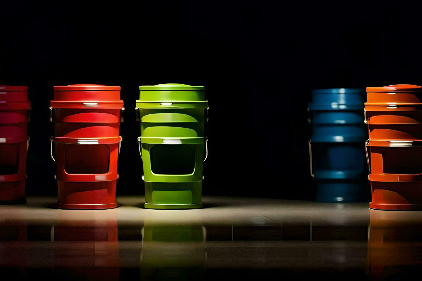 a row of colorful coffee cups on a black surface. AI-Generated photo