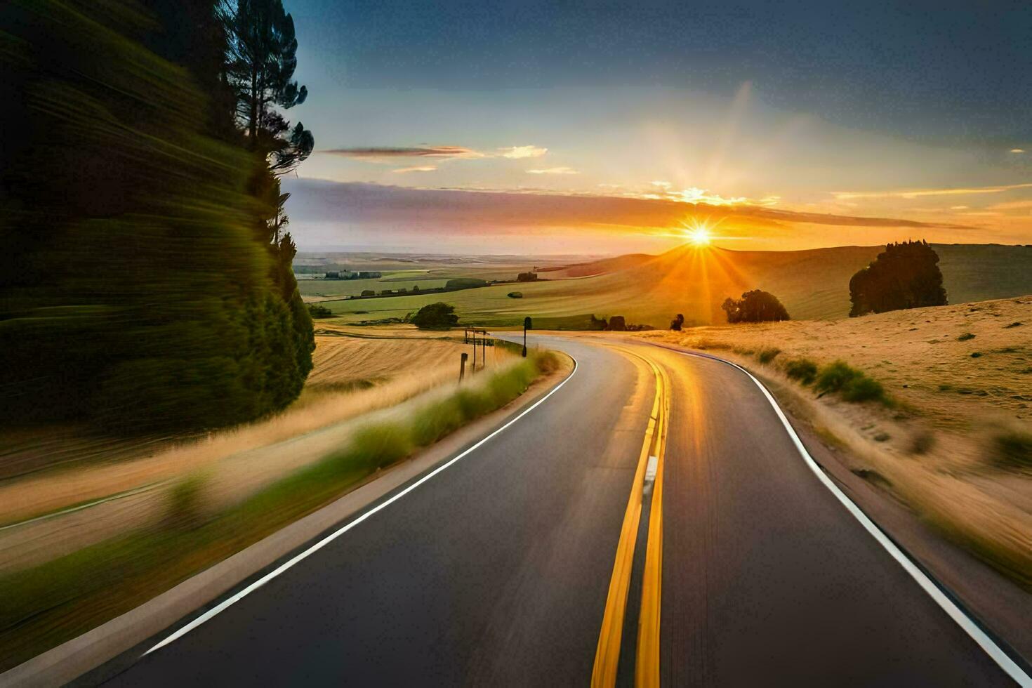a road in the countryside with the sun setting. AI-Generated photo