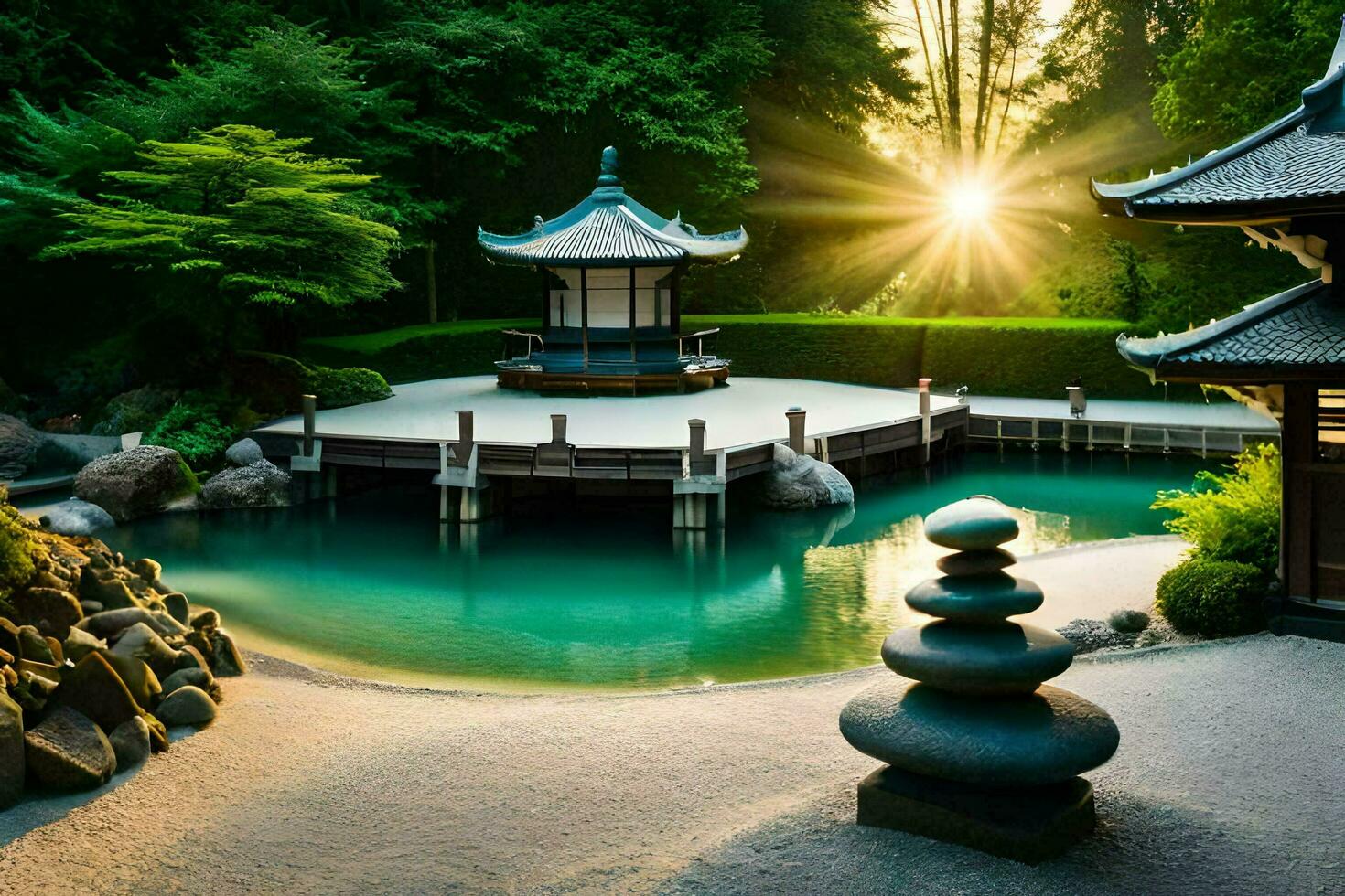 a japanese garden with a pond and pagoda. AI-Generated photo