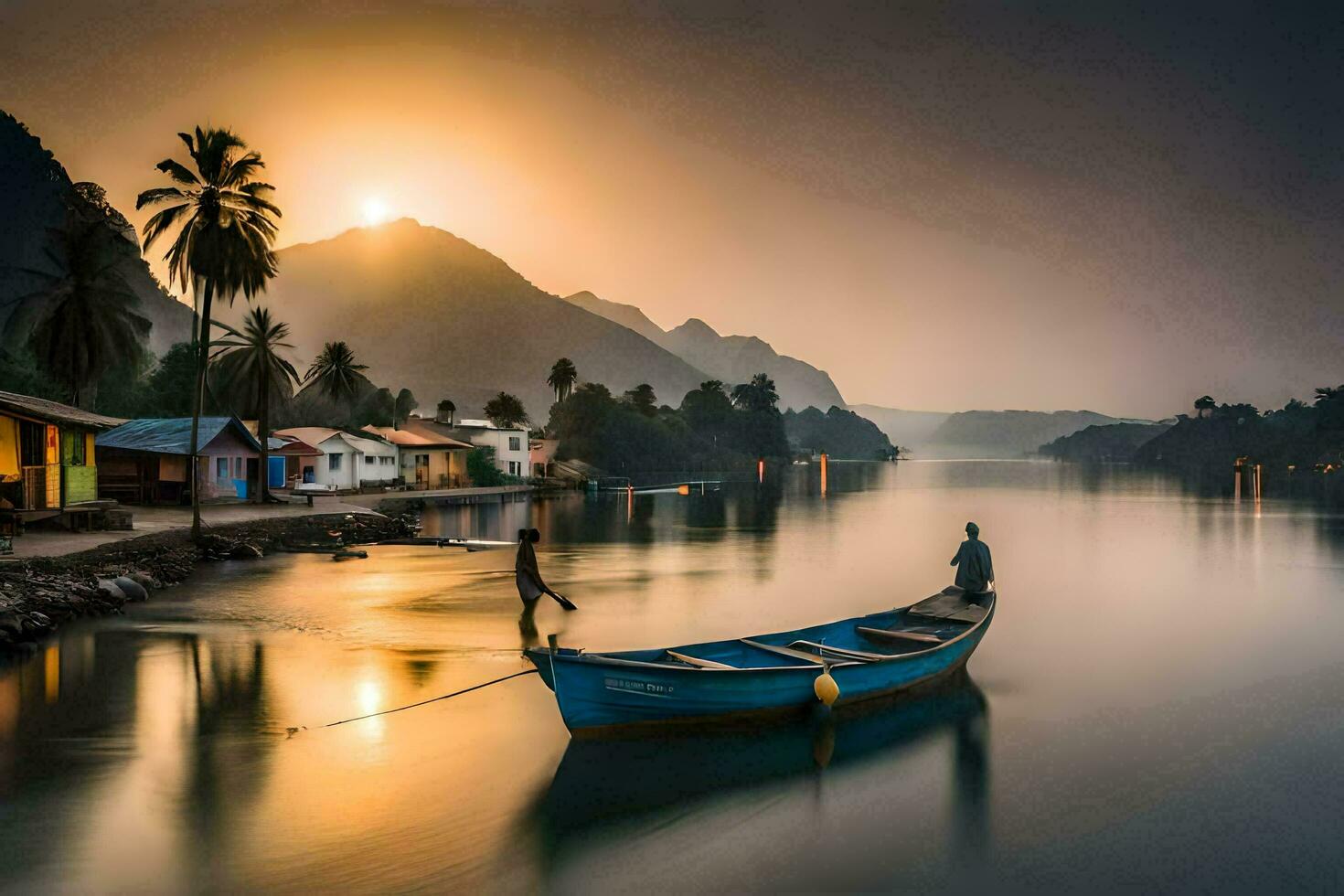 un barco es flotante en el agua a puesta de sol. generado por ai foto