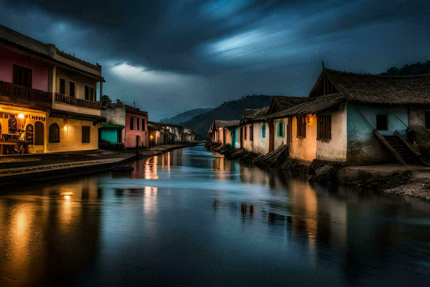 a river in the middle of a town at night. AI-Generated photo