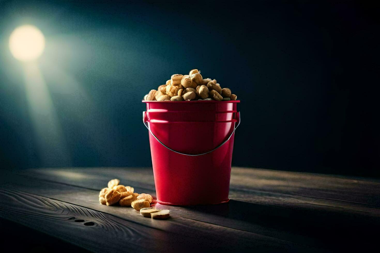 a red bucket filled with peanuts on a wooden table. AI-Generated photo