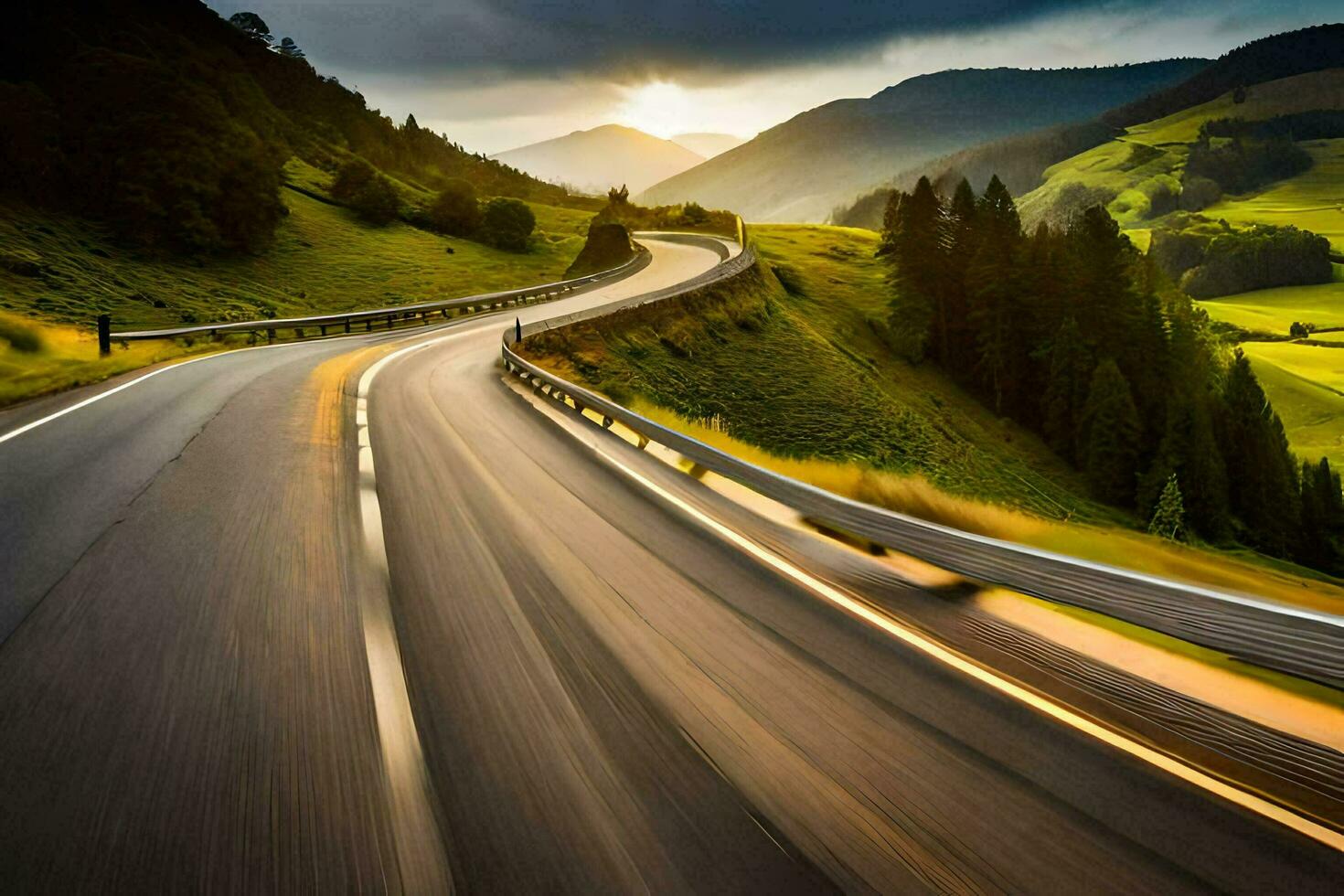 a long exposure photograph of a winding road in the mountains. AI-Generated photo