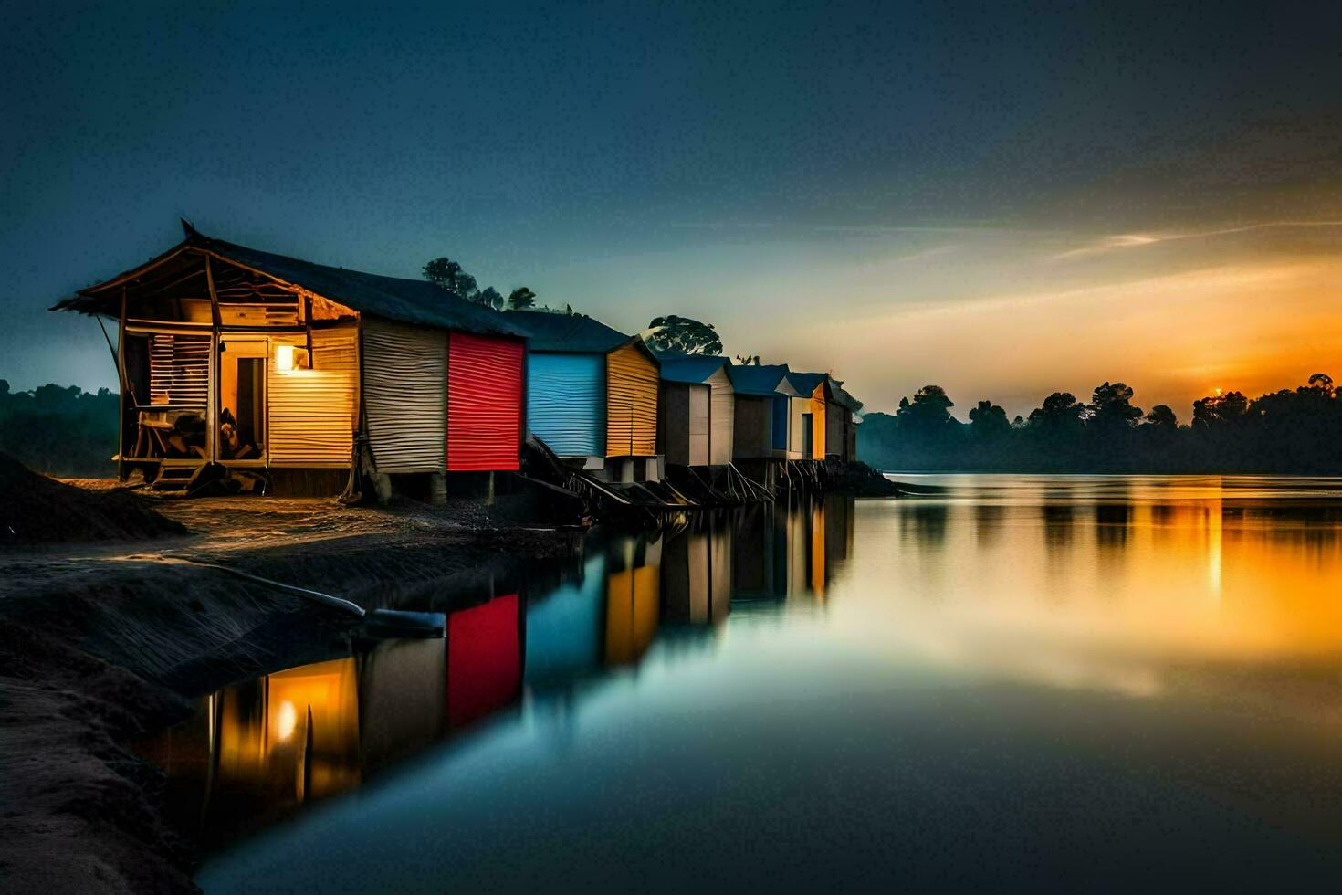 a row of wooden huts on the shore of a lake. AI-Generated photo