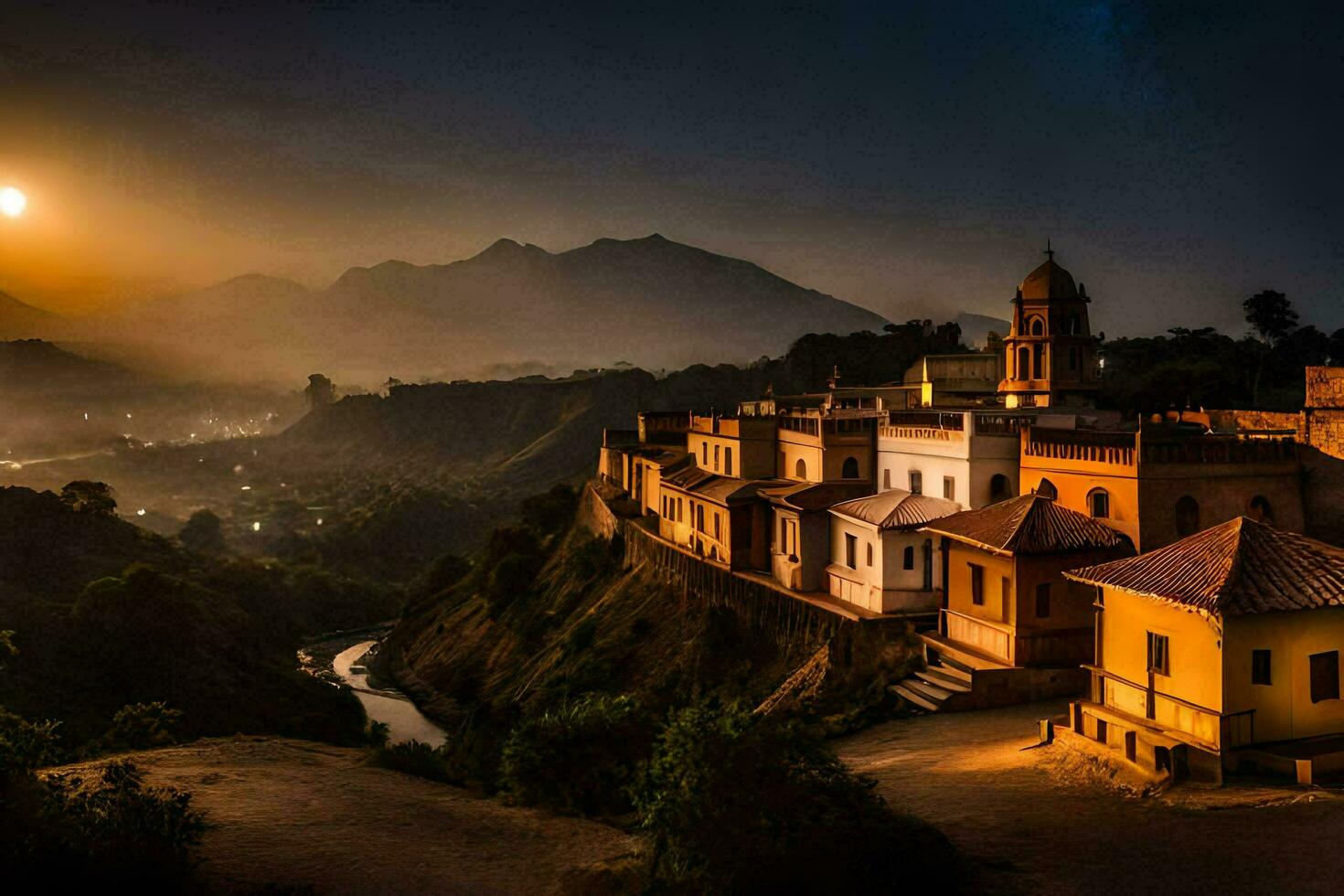 the sun sets over a village in the mountains. AI-Generated photo