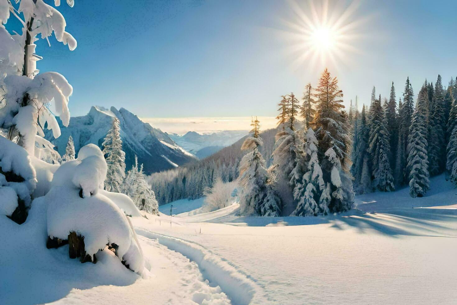 snow covered trees and the sun shining in the background. AI-Generated photo