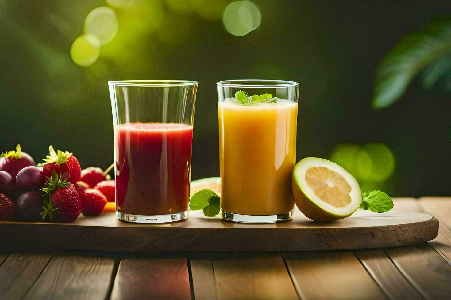 two glasses of juice with fruit and berries. AI-Generated photo