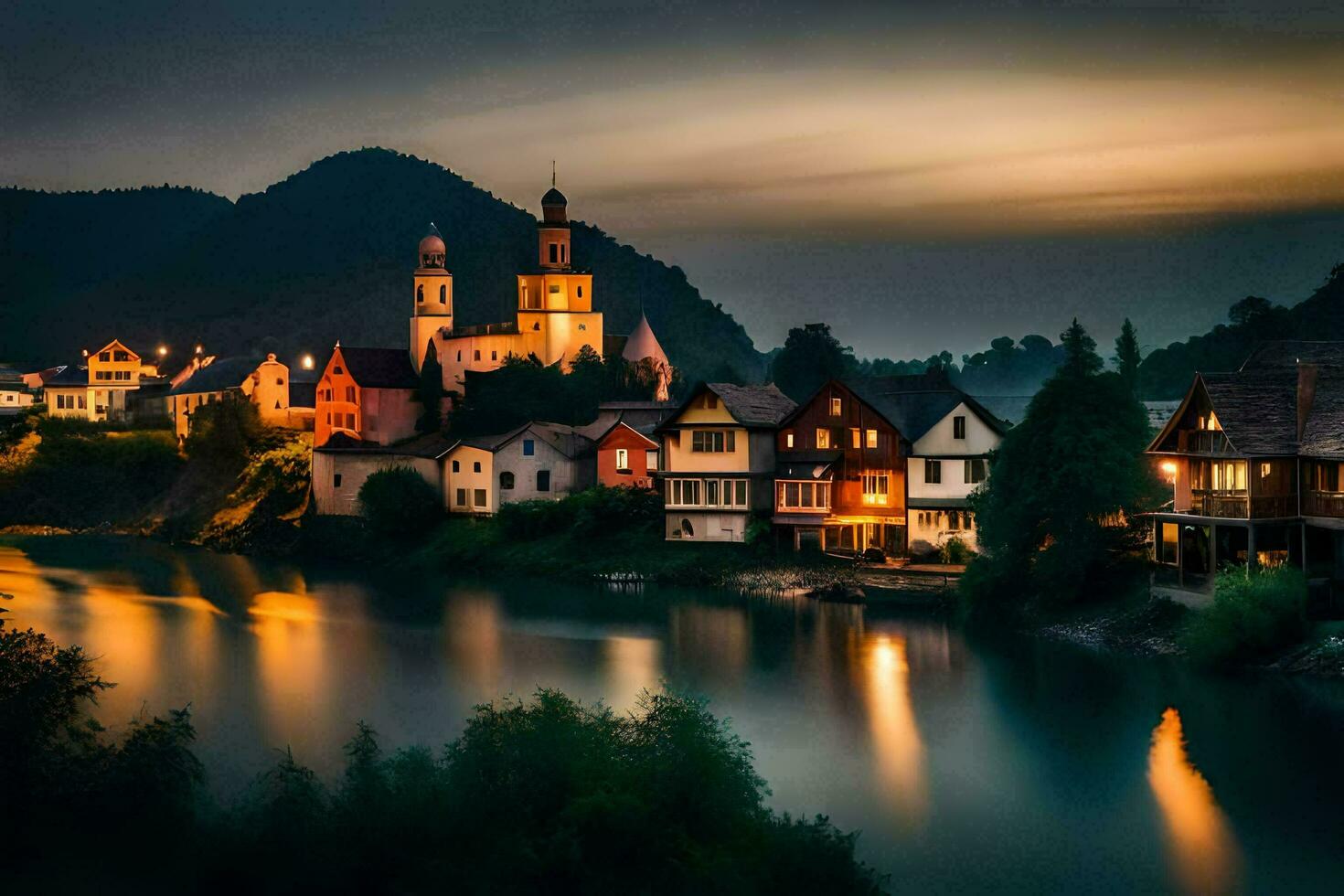 photo wallpaper the sky, water, mountains, river, town, night, germany,. AI-Generated