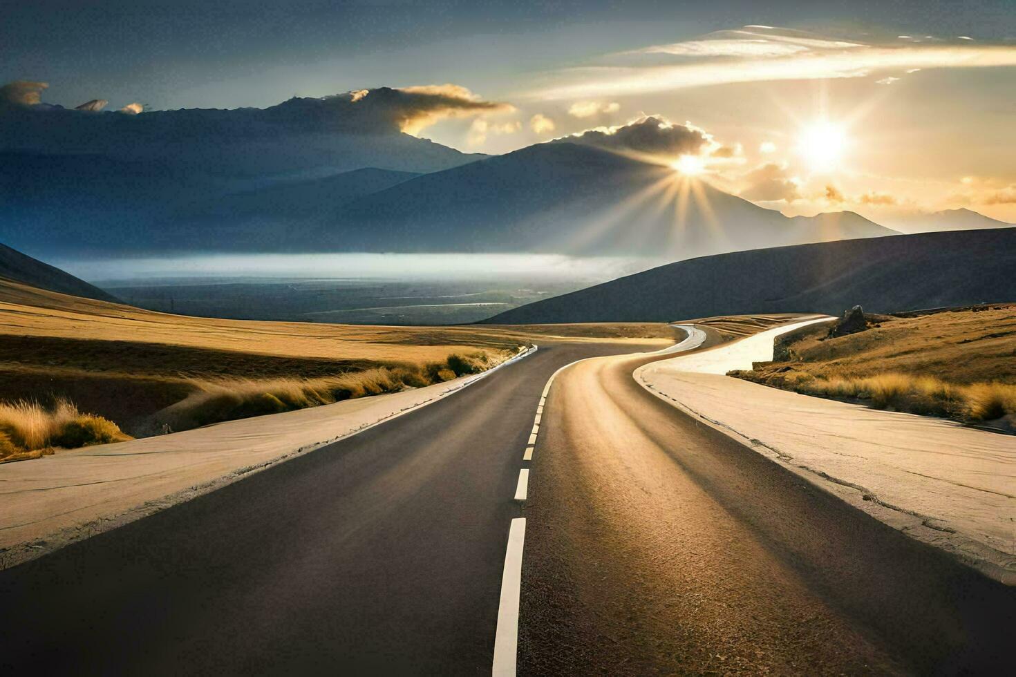 a long empty road with the sun shining in the distance. AI-Generated photo