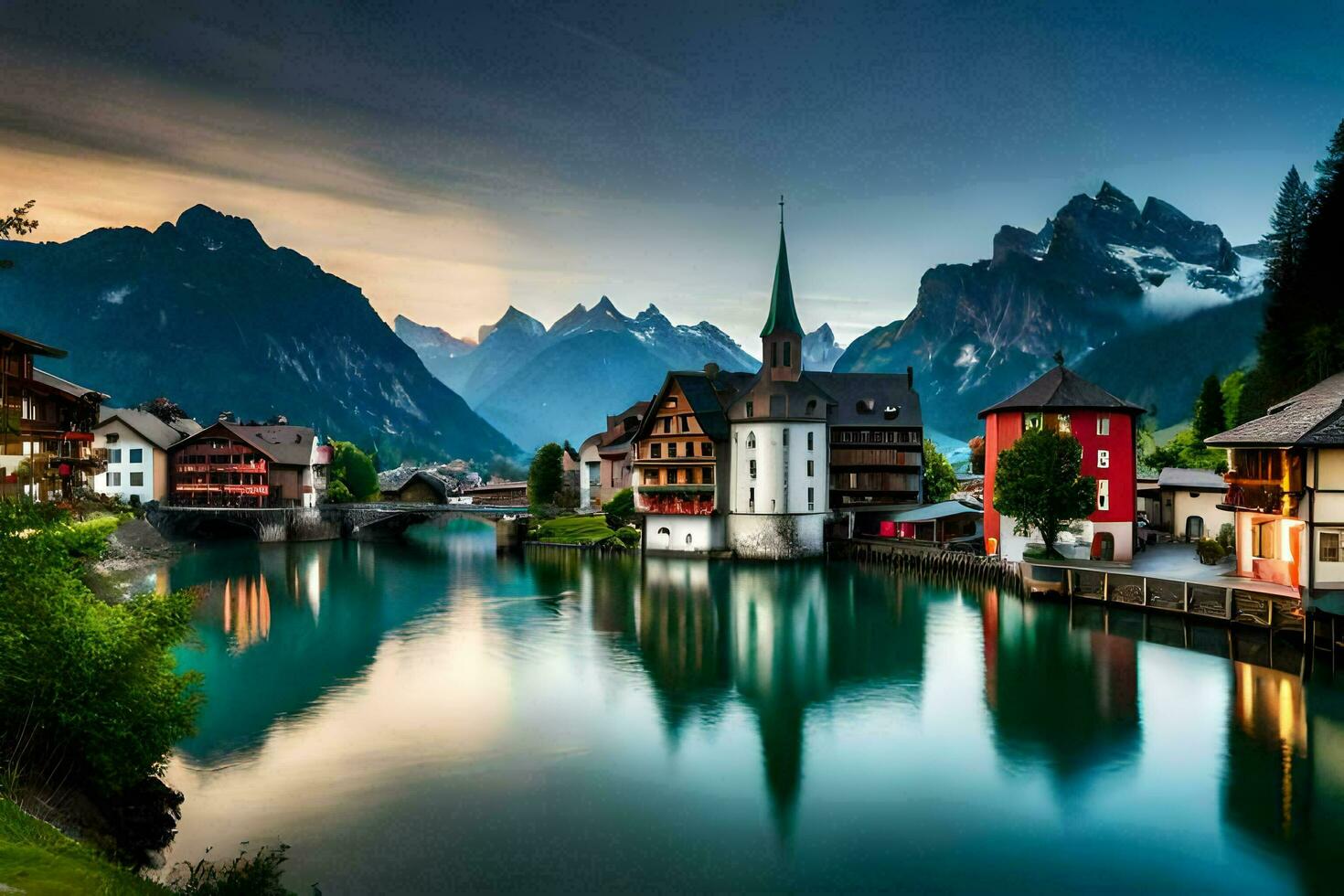 un río y casas en el montañas. generado por ai foto