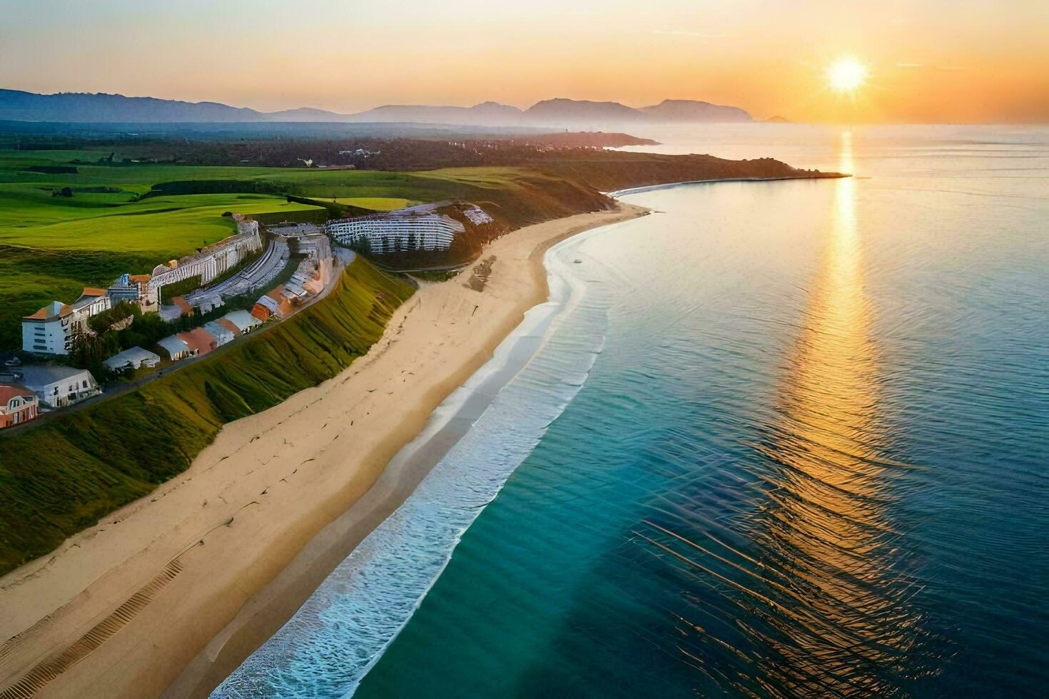 the sun sets over a beach and houses in the distance. AI-Generated photo