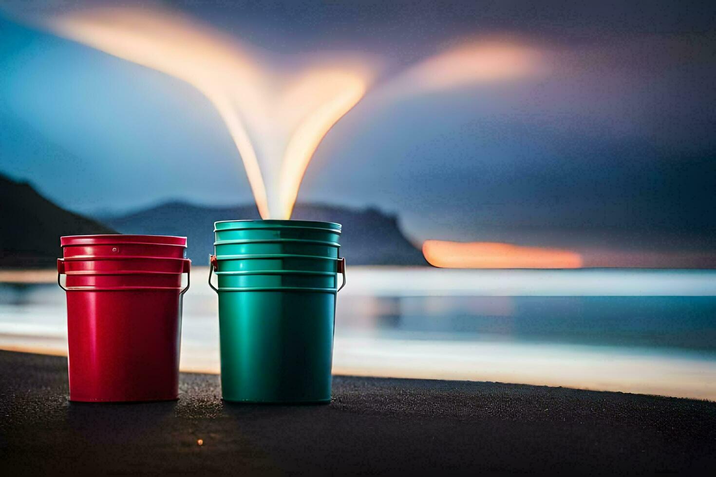 two buckets of water on the beach with a fire coming out of them. AI-Generated photo