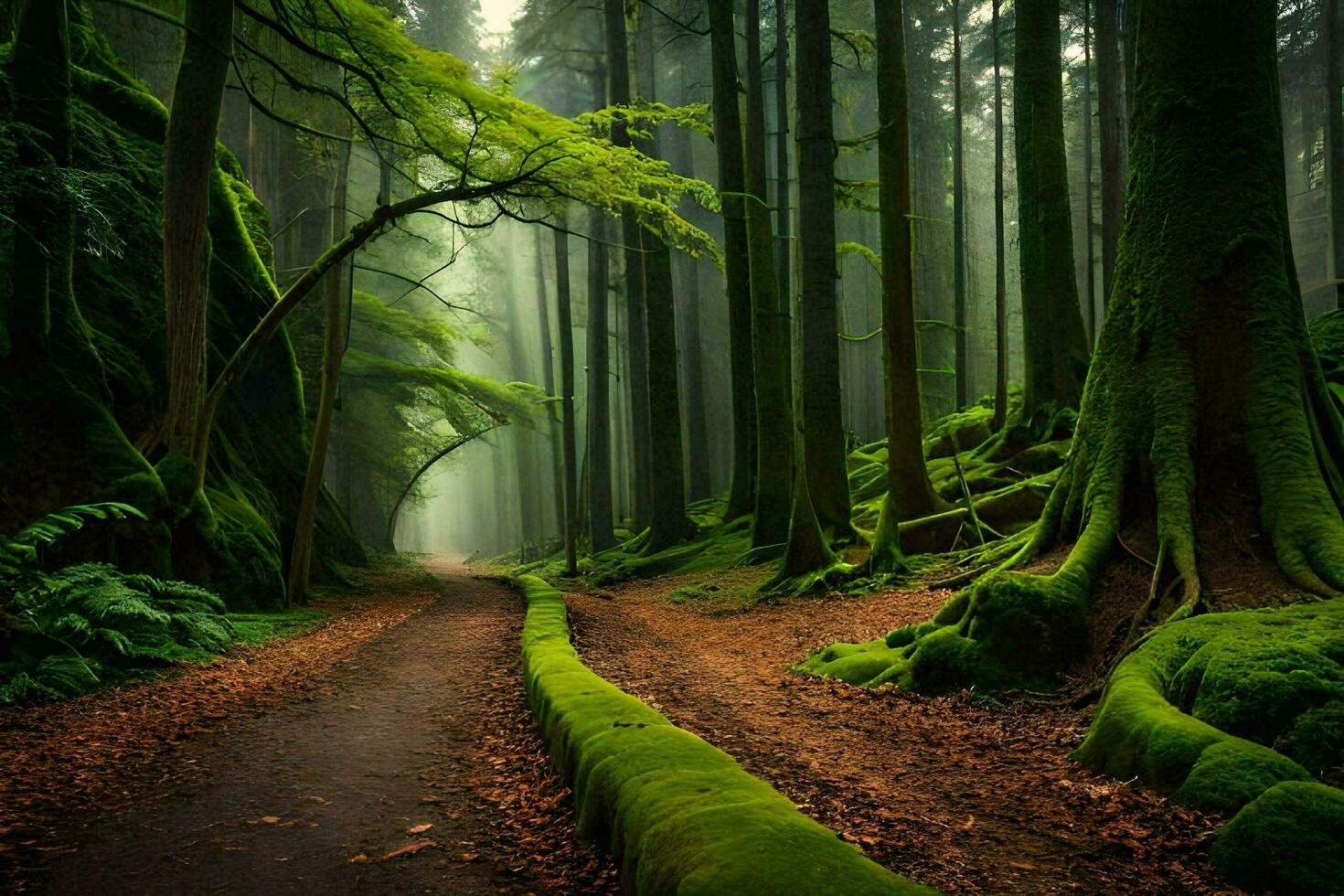 a path through a green forest with trees and moss. AI-Generated photo