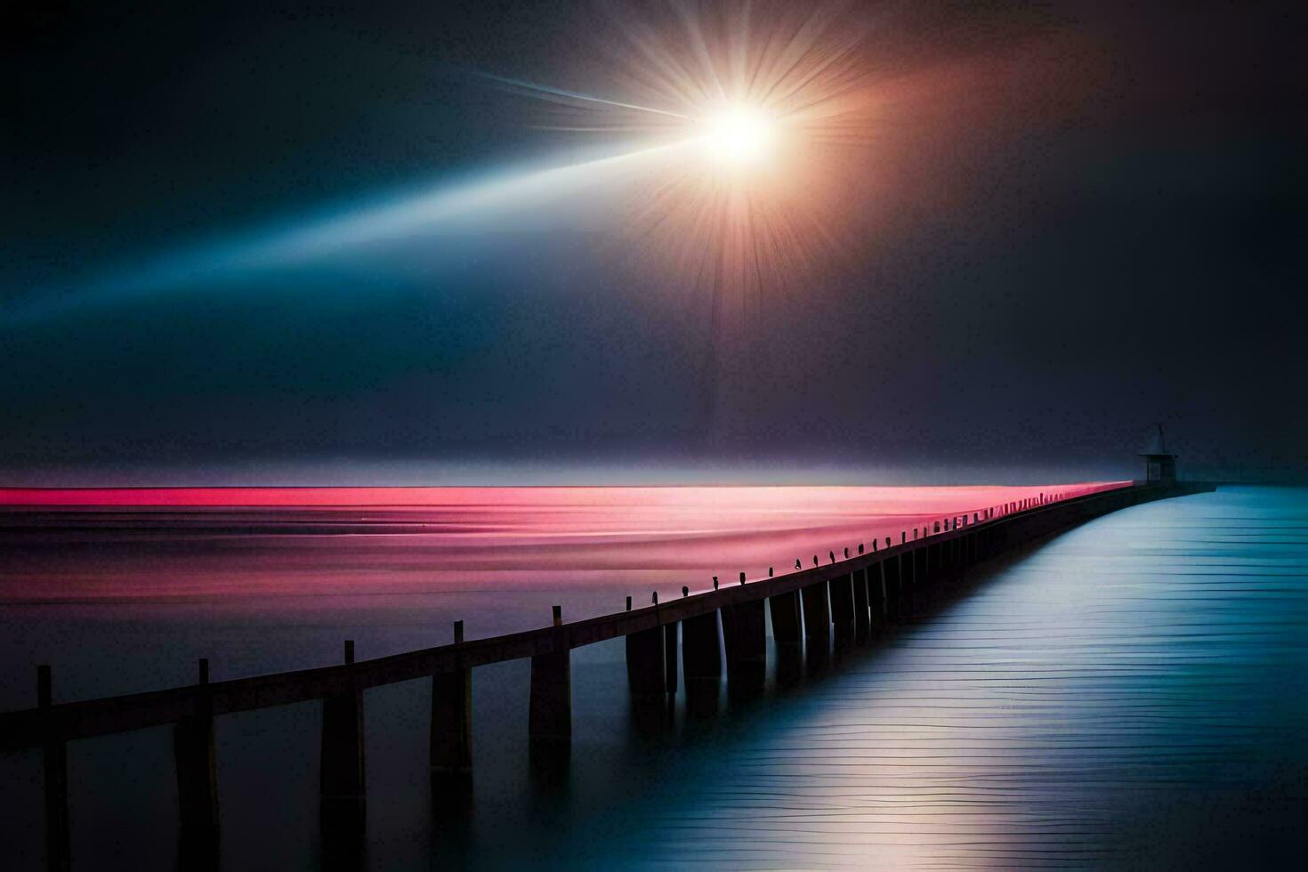 a pier with a light shining over it at night. AI-Generated photo