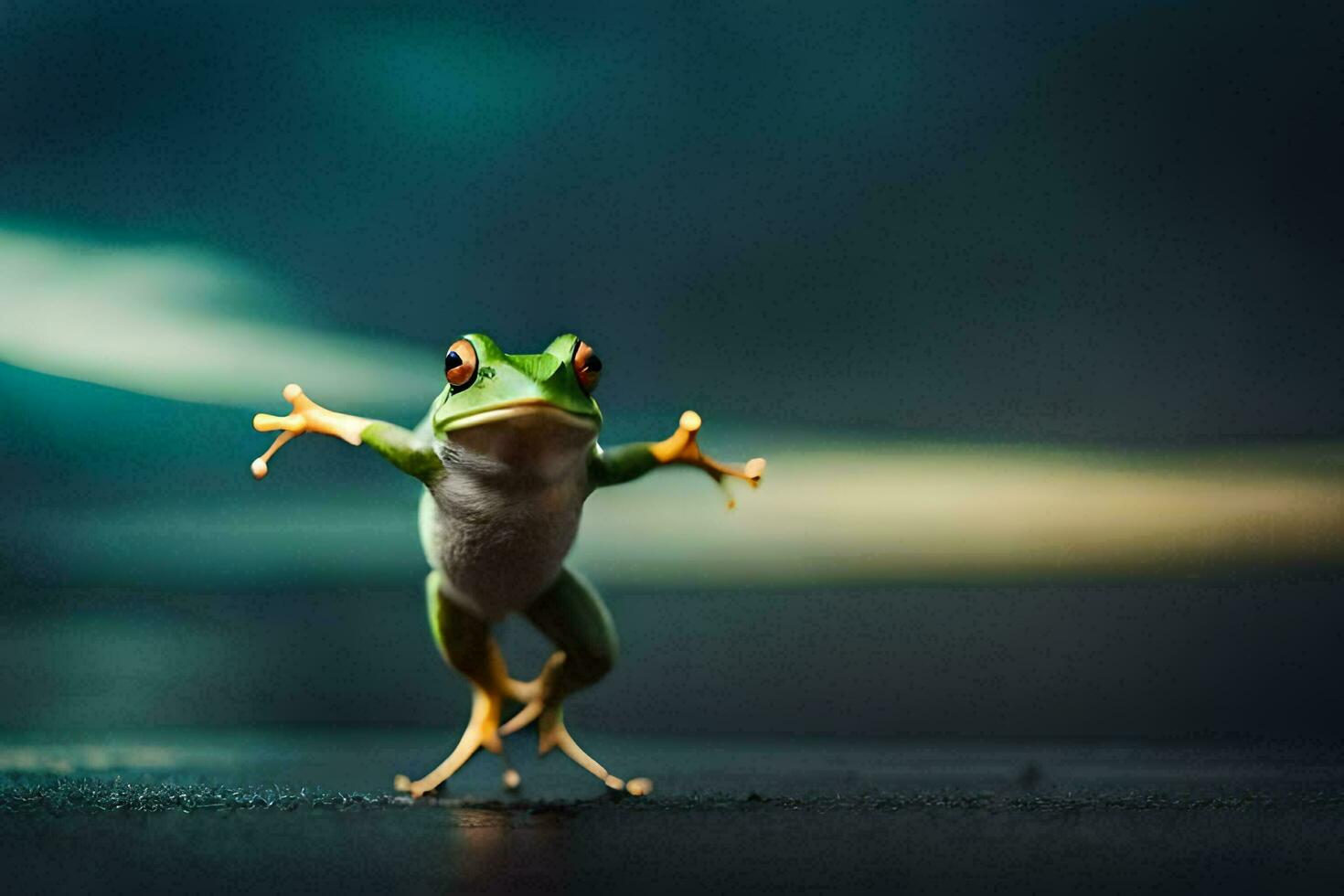 a frog is standing on its hind legs. AI-Generated photo