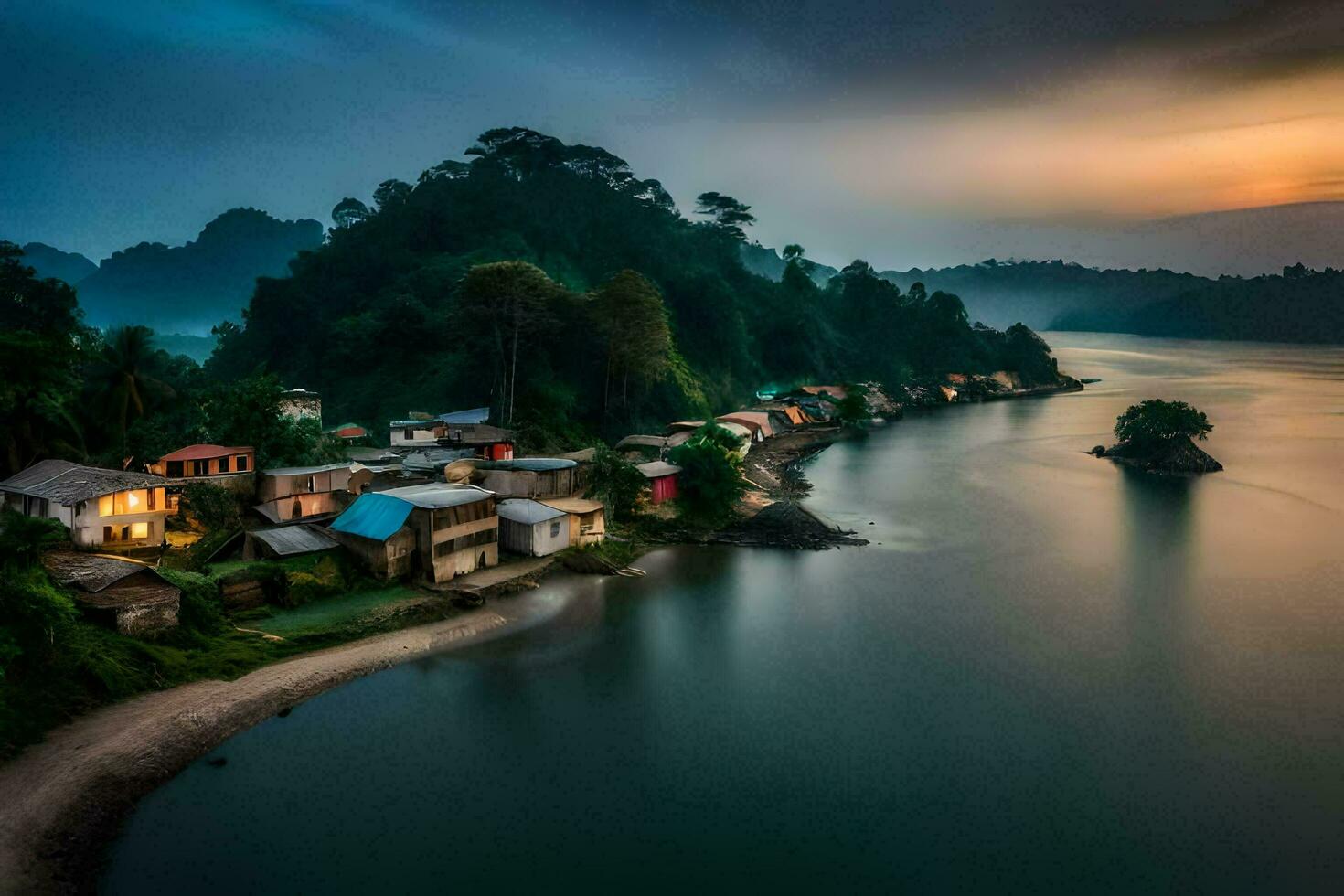 photo wallpaper the sky, water, mountains, house, the village, the river, the village. AI-Generated