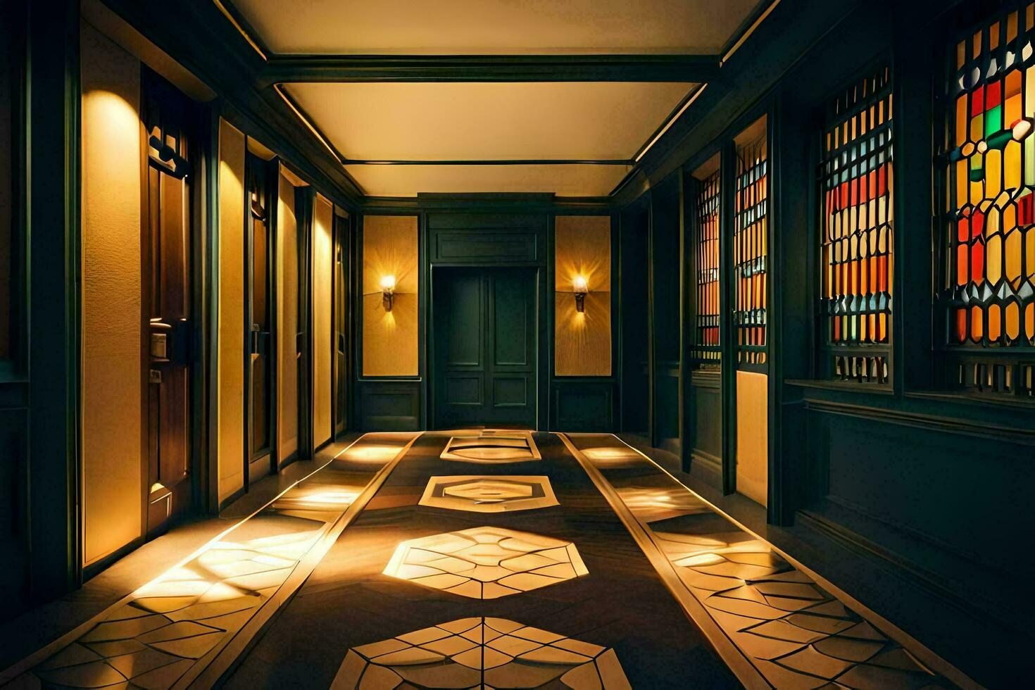 a hallway with stained glass windows and a tiled floor. AI-Generated photo