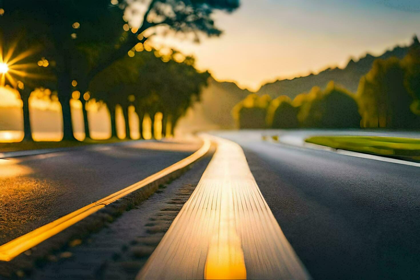 a road with the sun setting behind it. AI-Generated photo