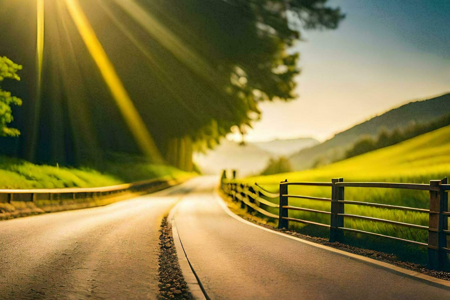 a road with a fence and sun shining in the distance. AI-Generated photo