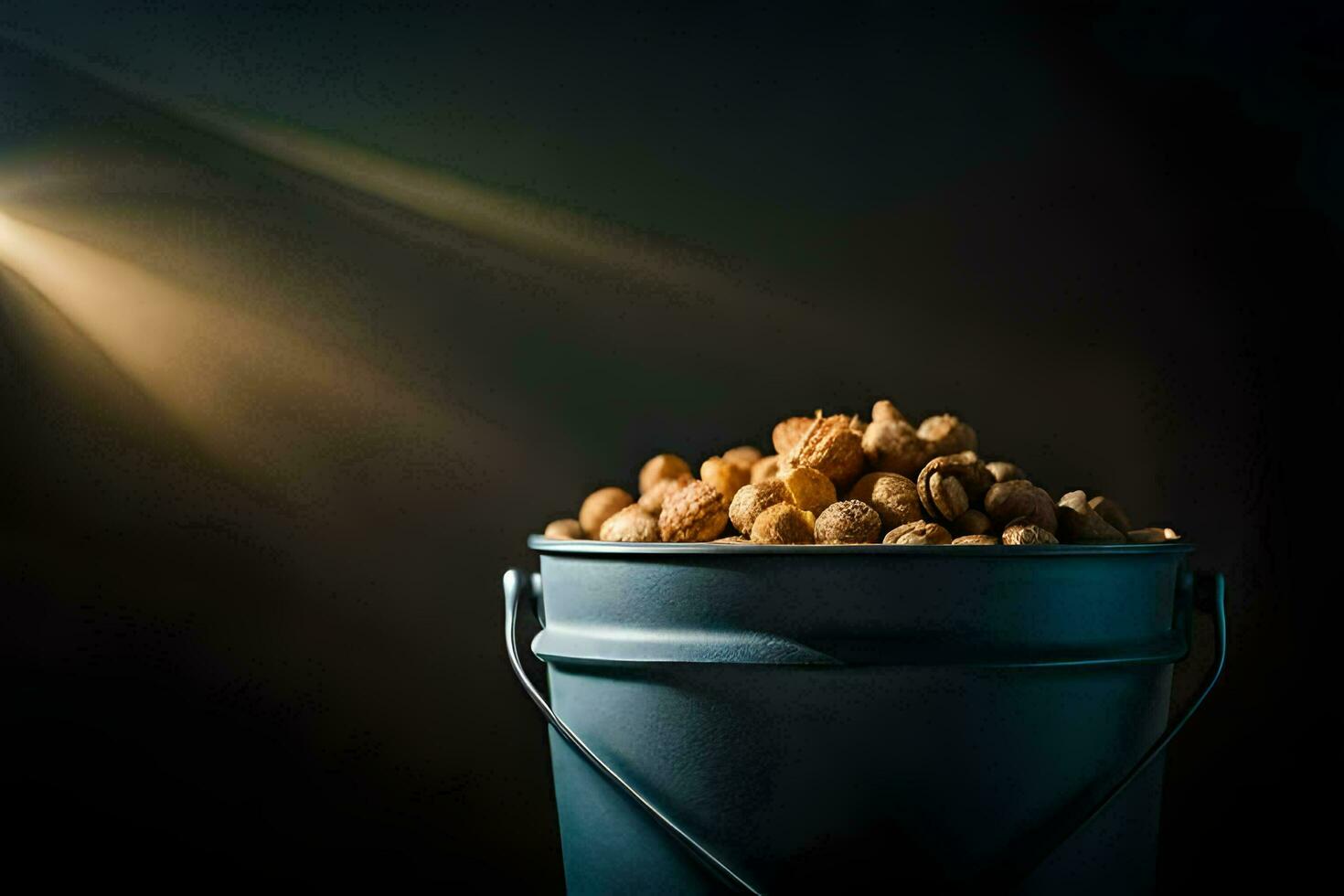 a bucket filled with peanuts on a dark background. AI-Generated photo