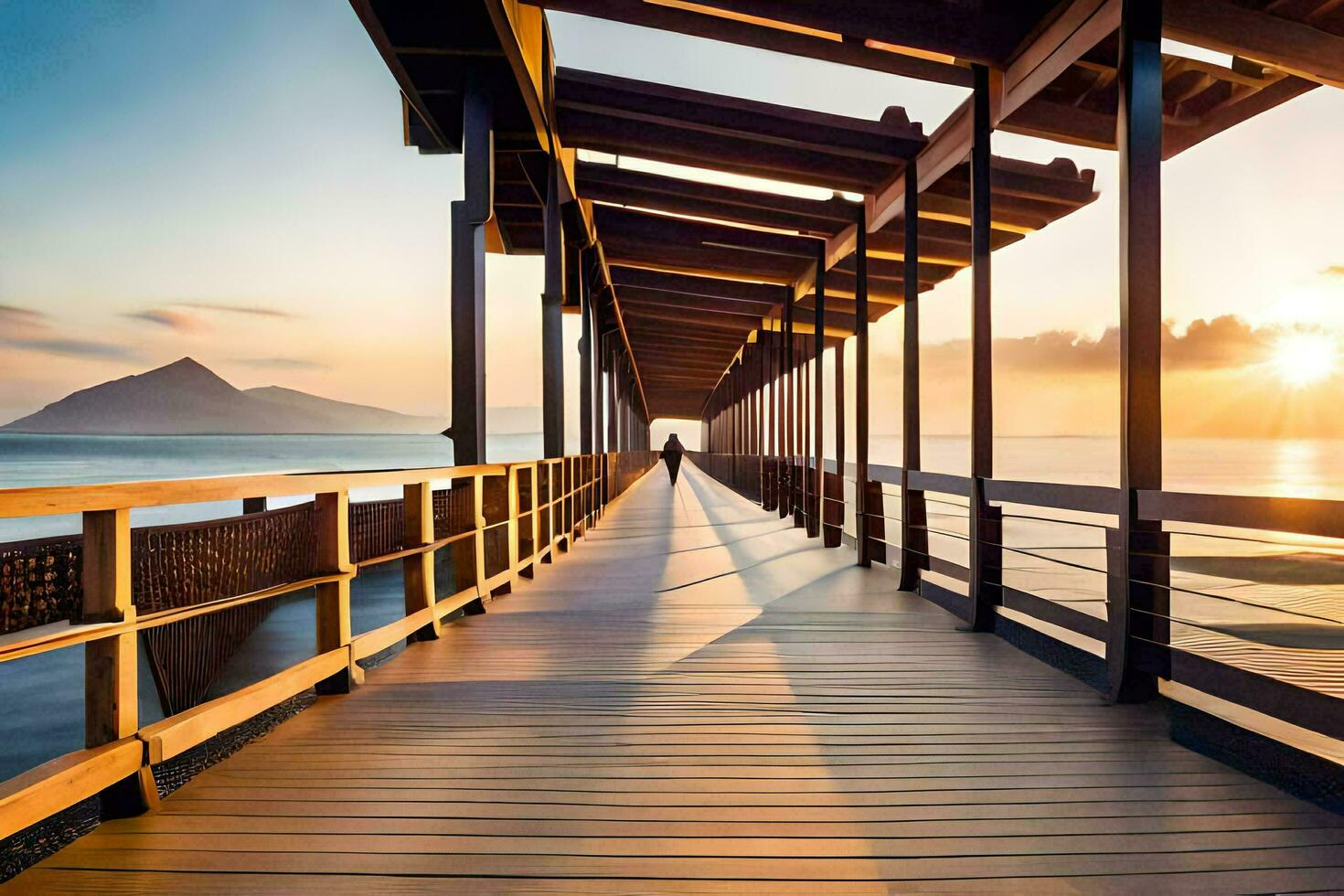 a wooden pier with the sun setting over the ocean. AI-Generated photo